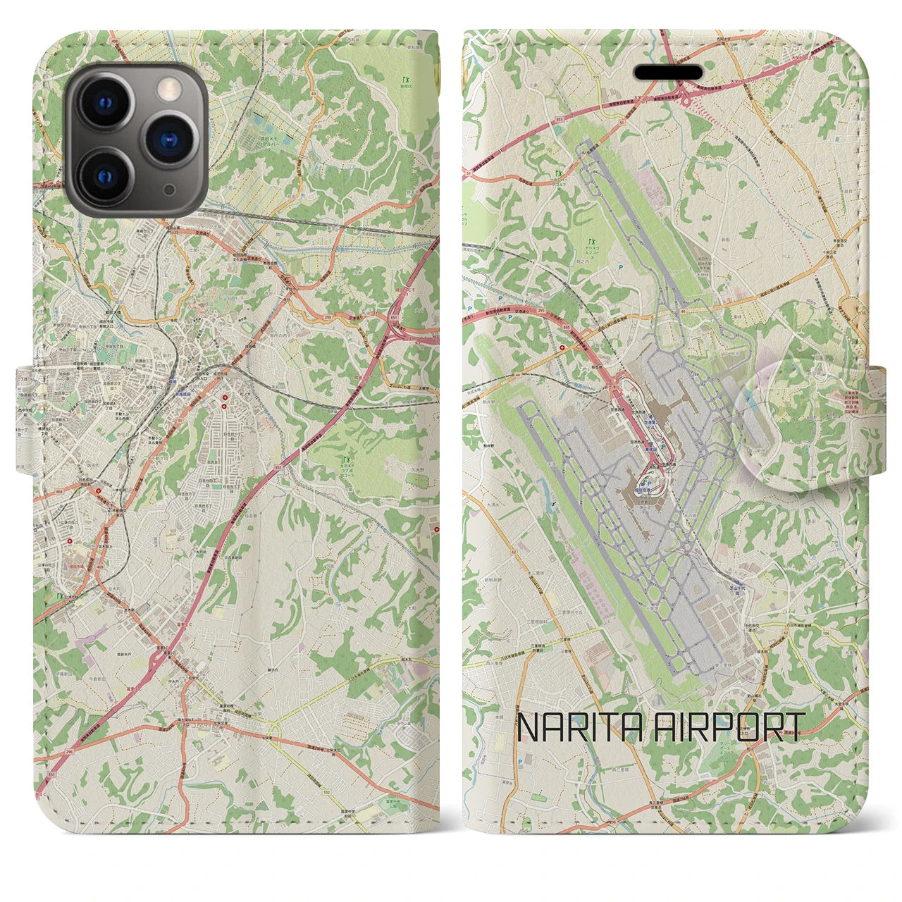 【成田空港】地図柄iPhoneケース（手帳両面タイプ・ナチュラル）iPhone 11 Pro Max 用