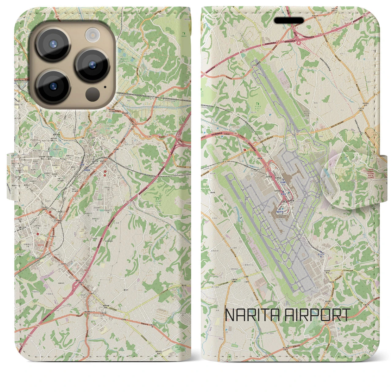 【成田空港】地図柄iPhoneケース（手帳両面タイプ・ナチュラル）iPhone 14 Pro Max 用