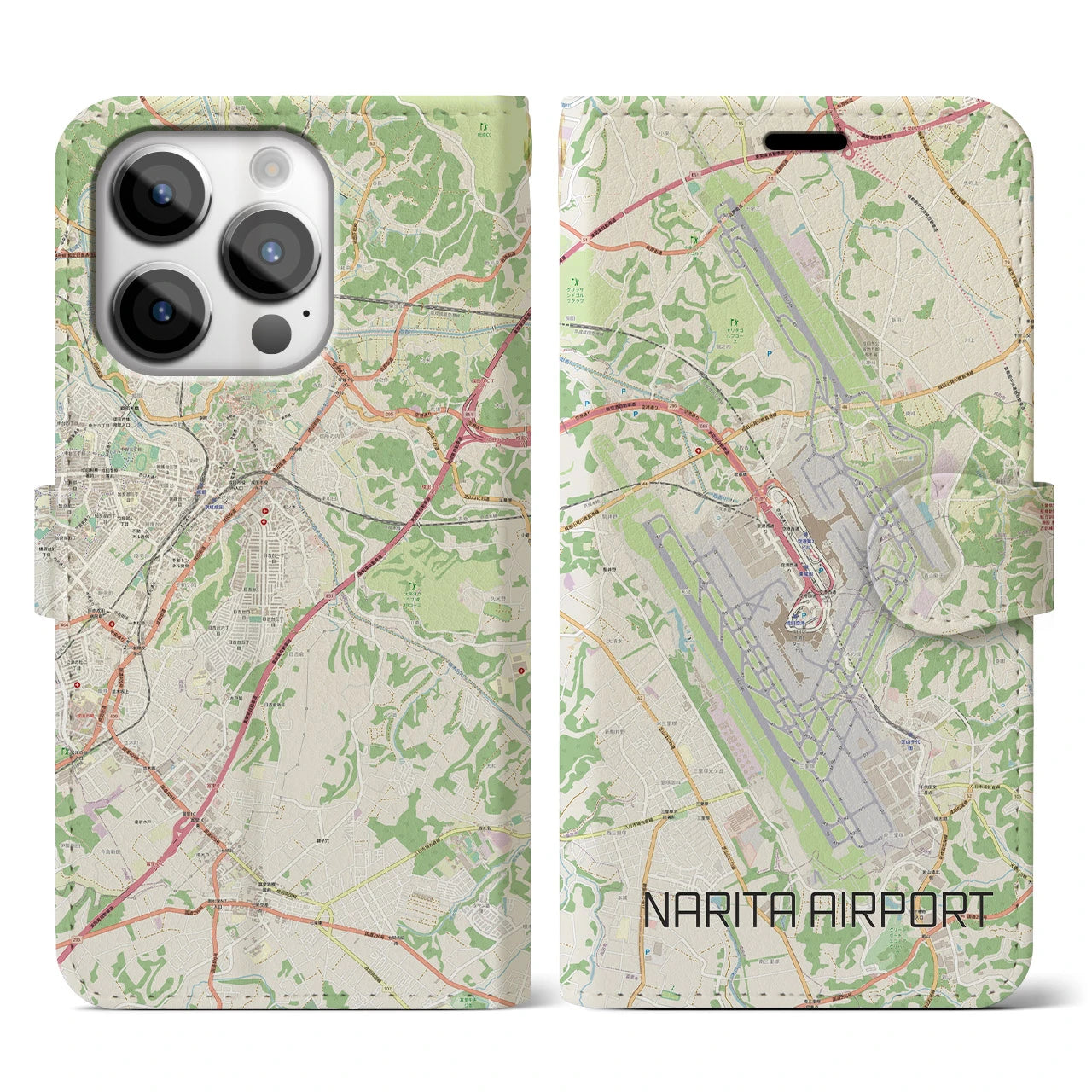 【成田空港】地図柄iPhoneケース（手帳両面タイプ・ナチュラル）iPhone 14 Pro 用