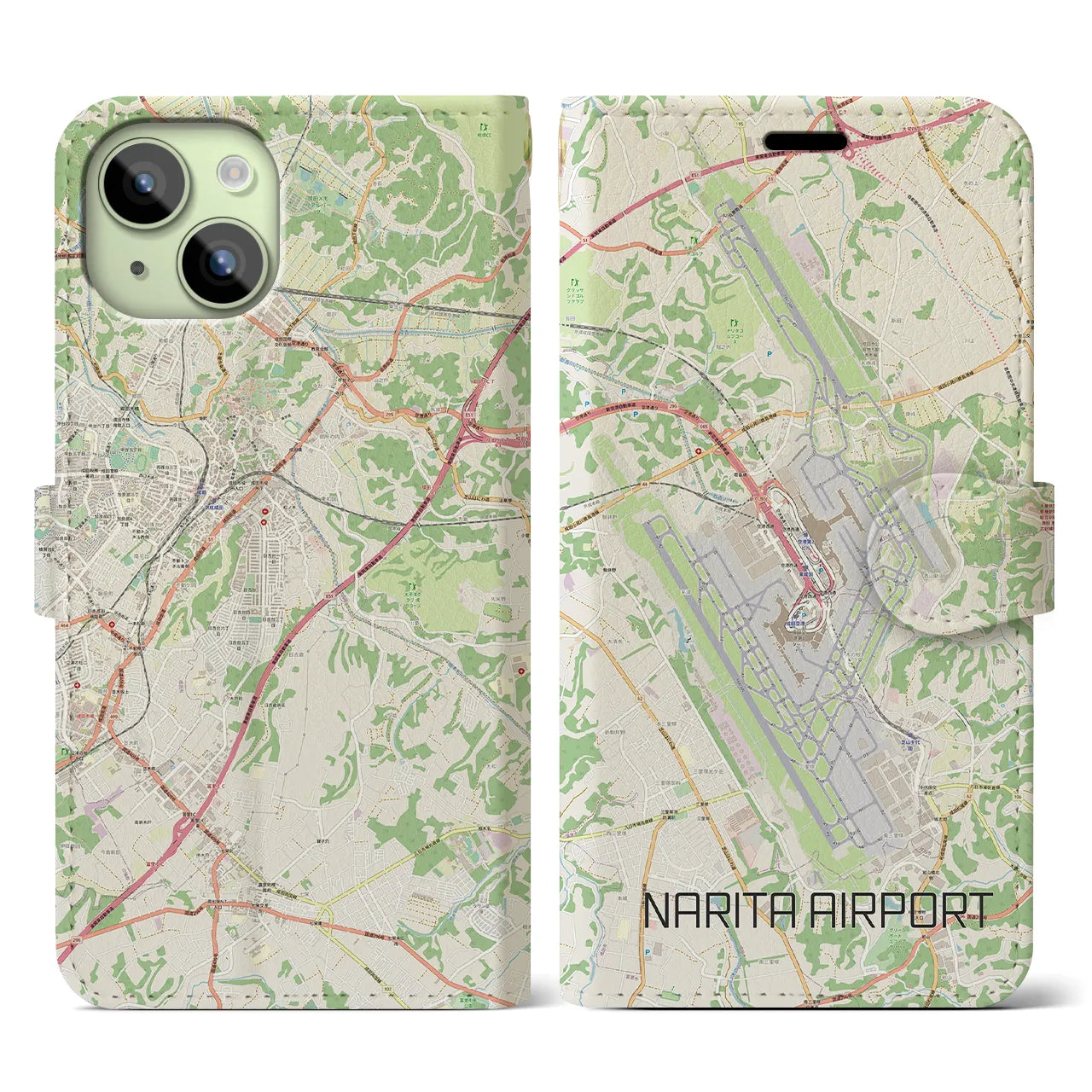 【成田空港】地図柄iPhoneケース（手帳両面タイプ・ナチュラル）iPhone 15 用