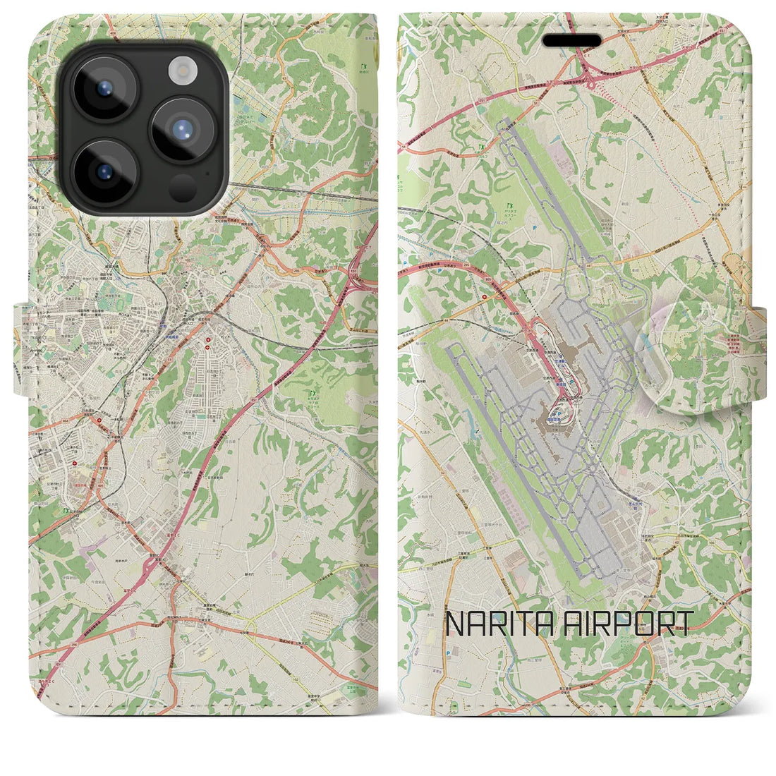 【成田空港】地図柄iPhoneケース（手帳両面タイプ・ナチュラル）iPhone 15 Pro Max 用