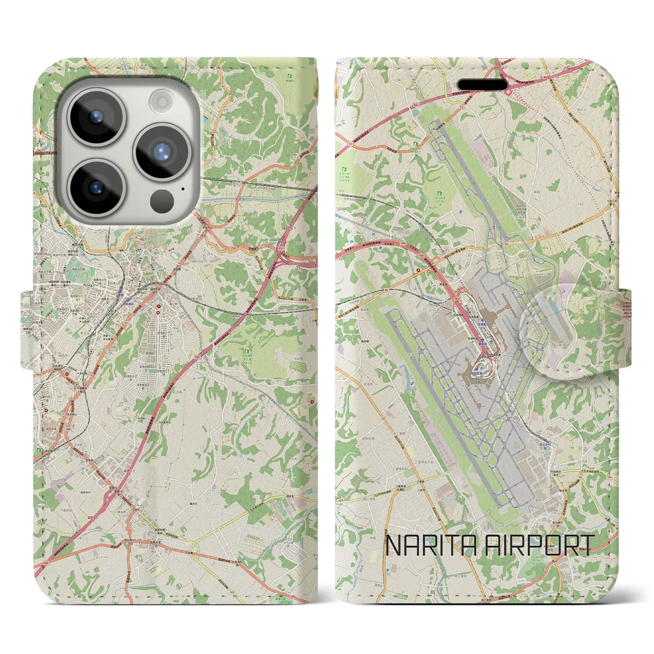【成田空港】地図柄iPhoneケース（手帳両面タイプ・ナチュラル）iPhone 15 Pro 用