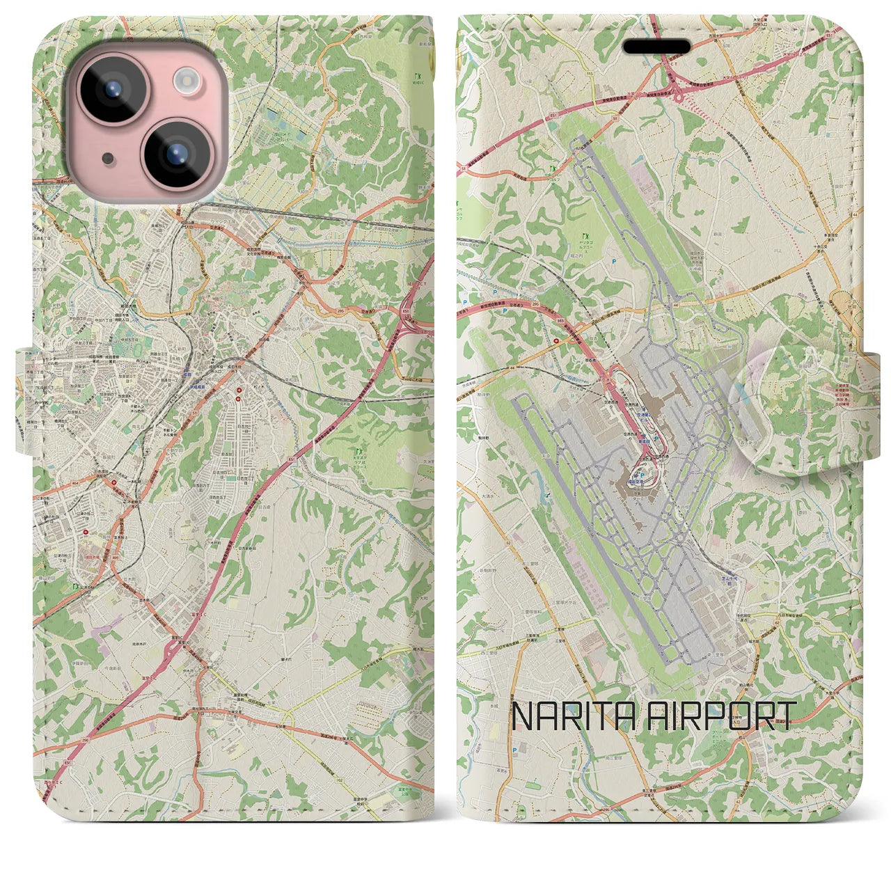 【成田空港】地図柄iPhoneケース（手帳両面タイプ・ナチュラル）iPhone 15 Plus 用