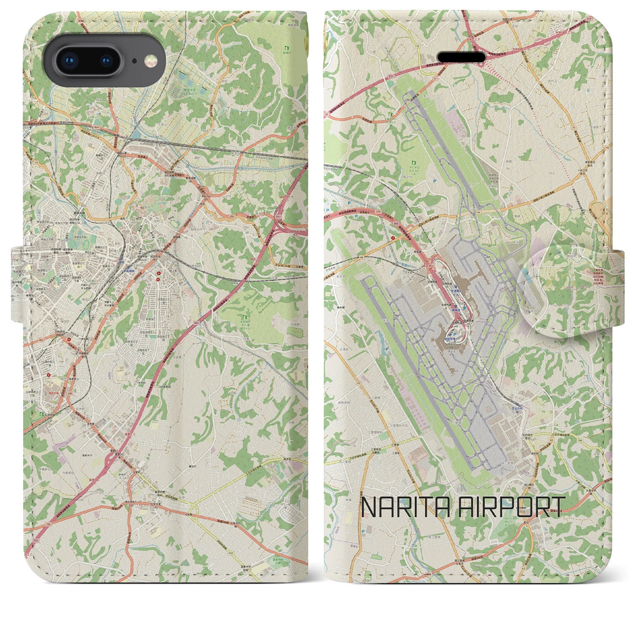 【成田空港】地図柄iPhoneケース（手帳両面タイプ・ナチュラル）iPhone 8Plus /7Plus / 6sPlus / 6Plus 用