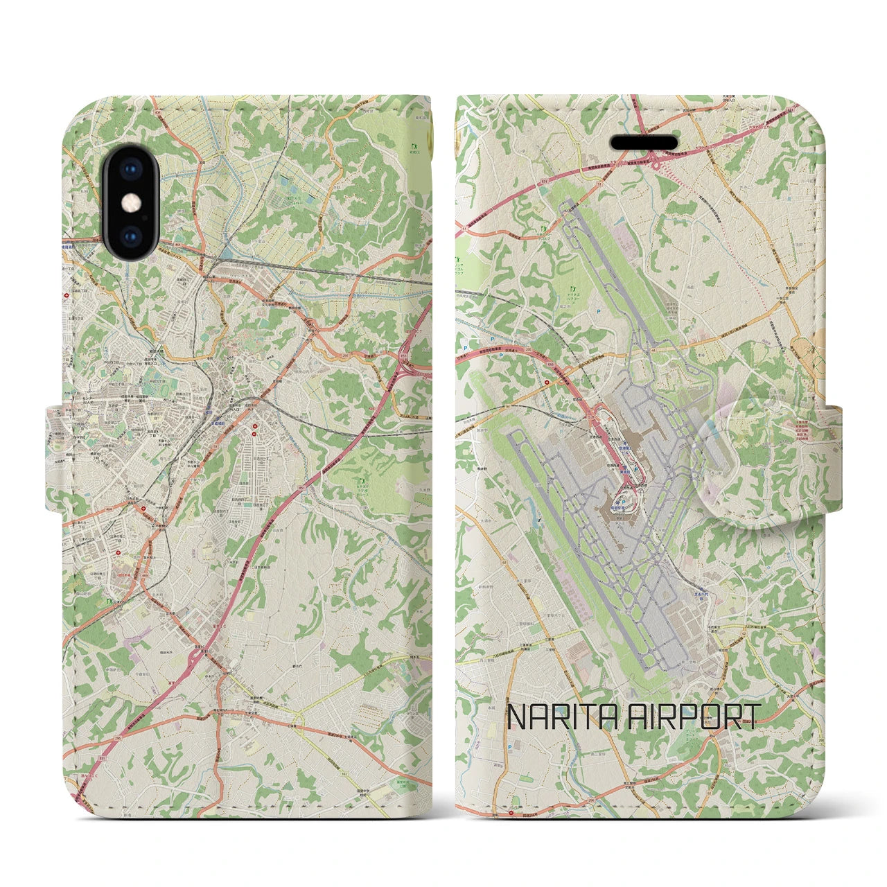 【成田空港】地図柄iPhoneケース（手帳両面タイプ・ナチュラル）iPhone XS / X 用