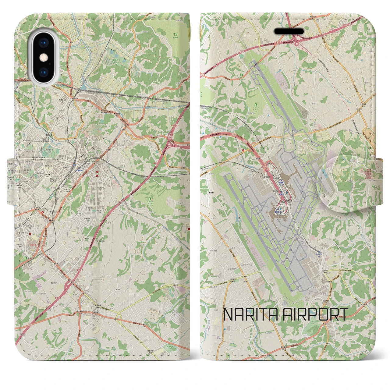【成田空港】地図柄iPhoneケース（手帳両面タイプ・ナチュラル）iPhone XS Max 用
