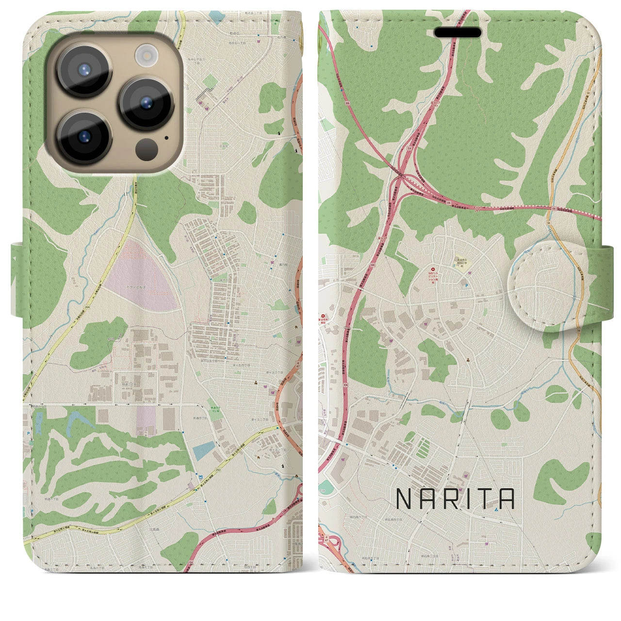 【成田（宮城県）】地図柄iPhoneケース（手帳両面タイプ・ナチュラル）iPhone 14 Pro Max 用