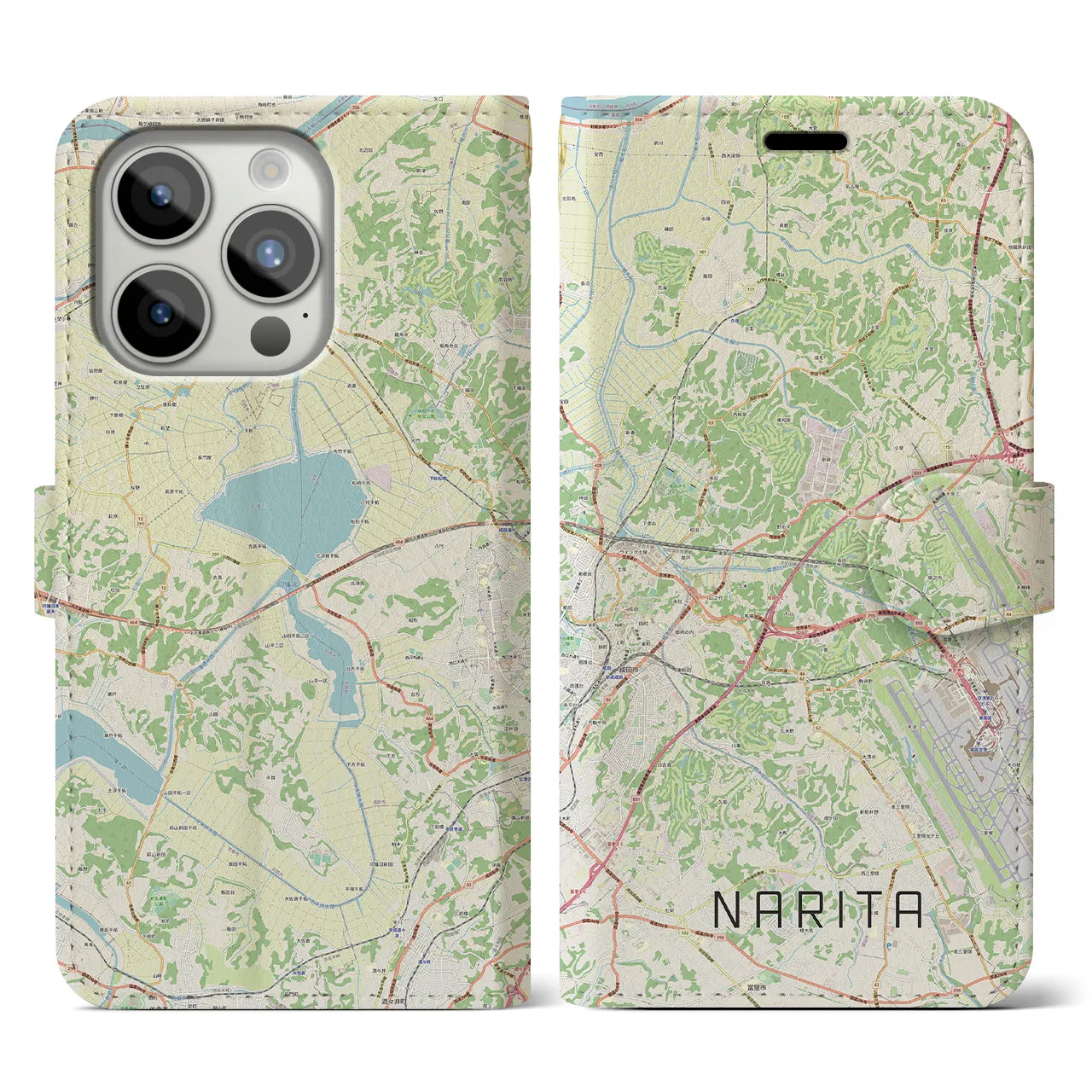 【成田】地図柄iPhoneケース（手帳両面タイプ・ナチュラル）iPhone 15 Pro 用