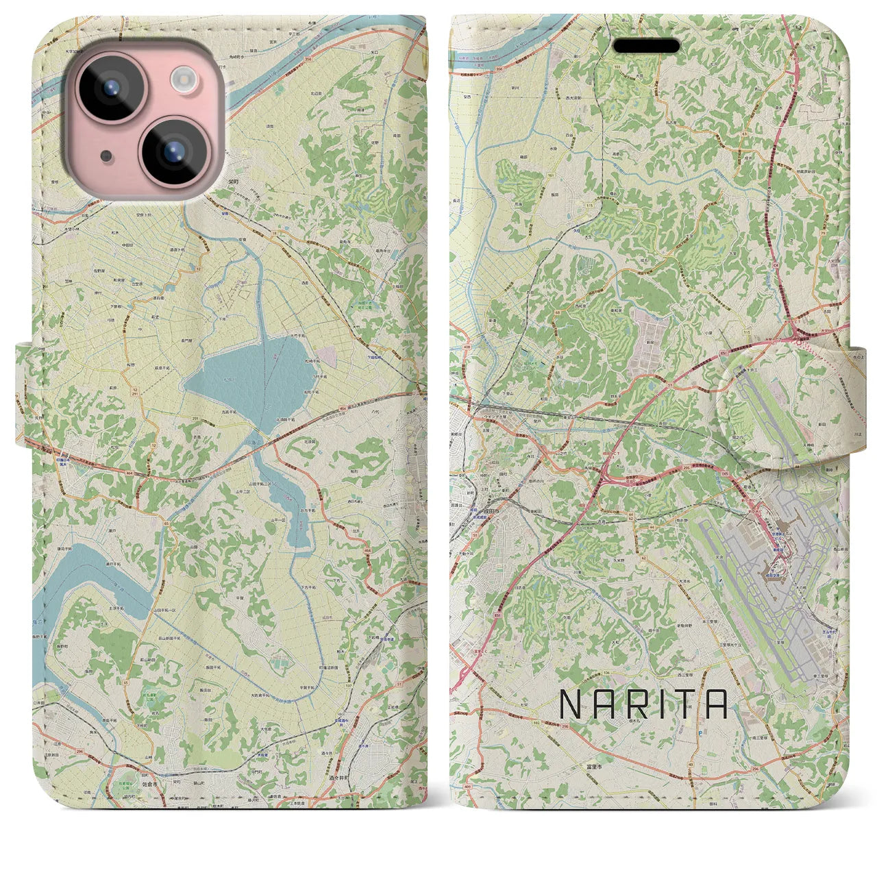 【成田】地図柄iPhoneケース（手帳両面タイプ・ナチュラル）iPhone 15 Plus 用