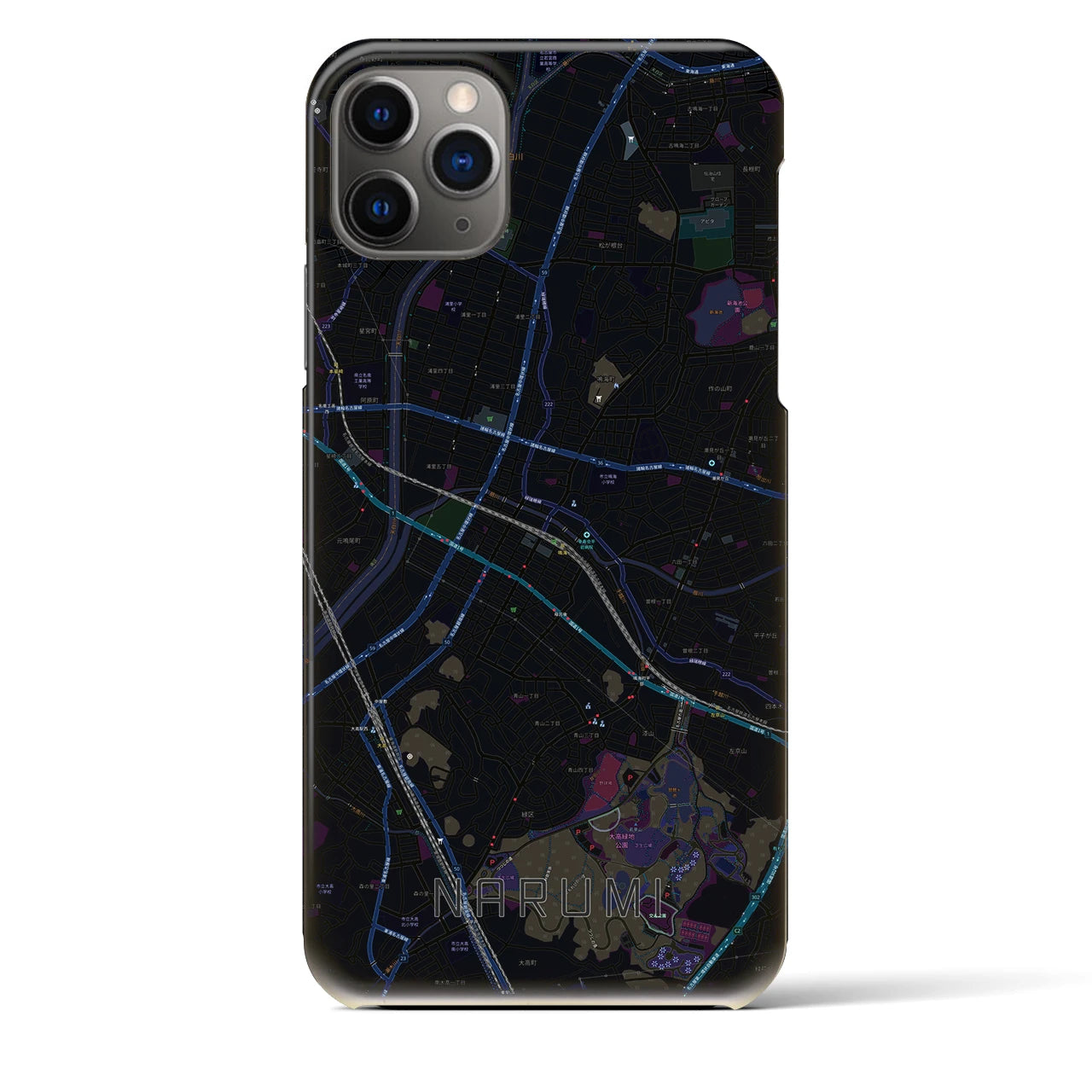 【鳴海】地図柄iPhoneケース（バックカバータイプ・ブラック）iPhone 11 Pro Max 用
