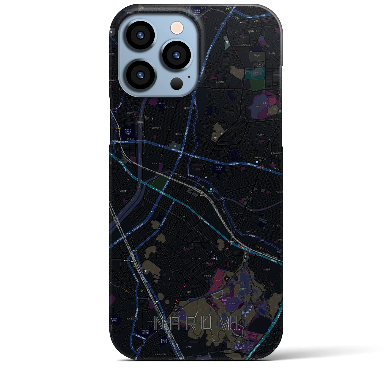 【鳴海】地図柄iPhoneケース（バックカバータイプ・ブラック）iPhone 13 Pro Max 用