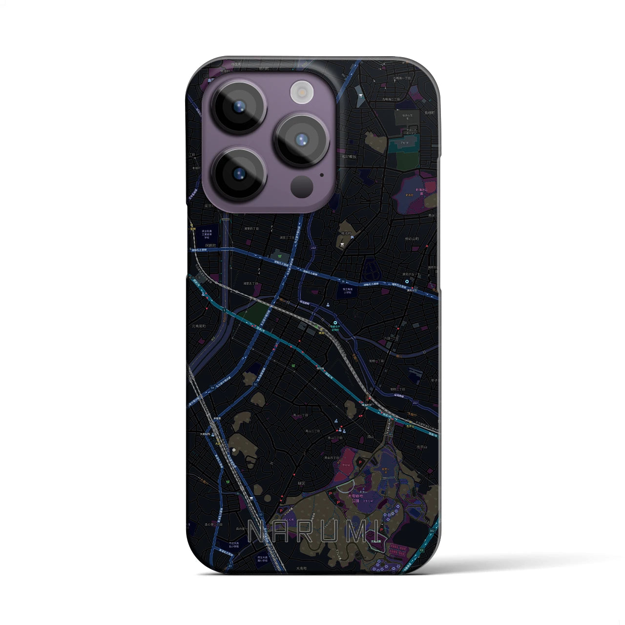 【鳴海】地図柄iPhoneケース（バックカバータイプ・ブラック）iPhone 14 Pro 用