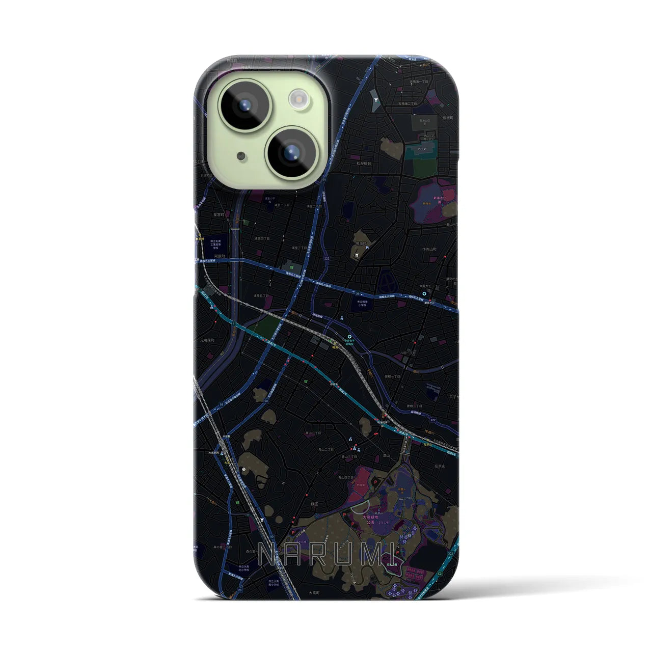 【鳴海】地図柄iPhoneケース（バックカバータイプ・ブラック）iPhone 15 用