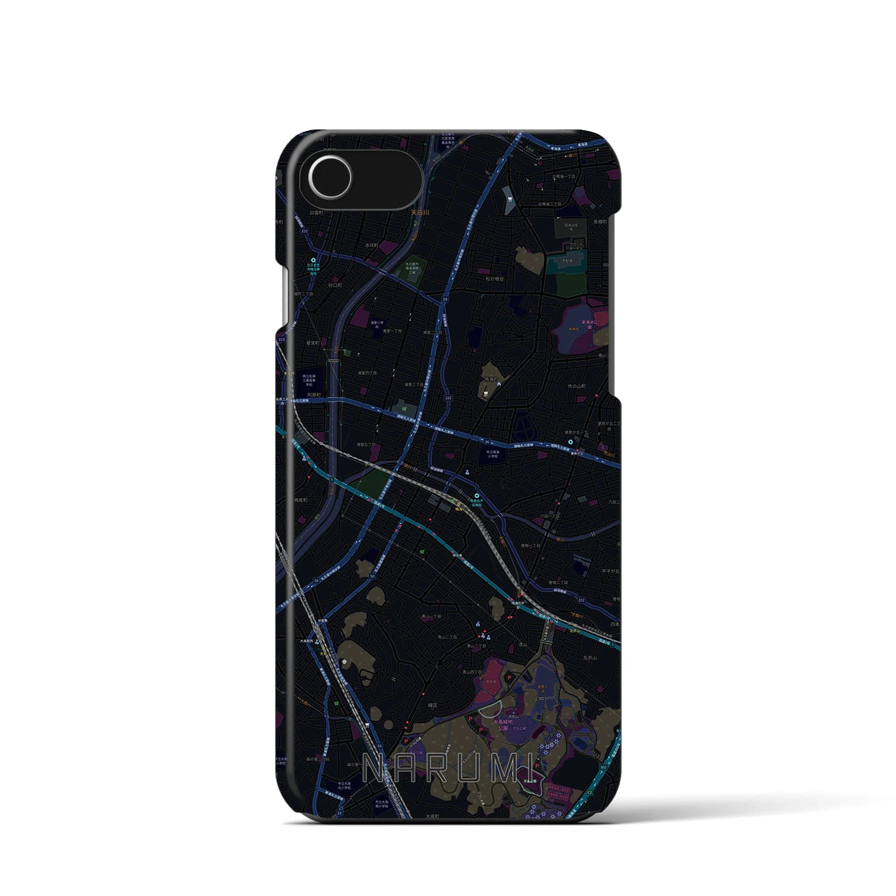 【鳴海】地図柄iPhoneケース（バックカバータイプ・ブラック）iPhone SE（第3 / 第2世代） / 8 / 7 / 6s / 6 用