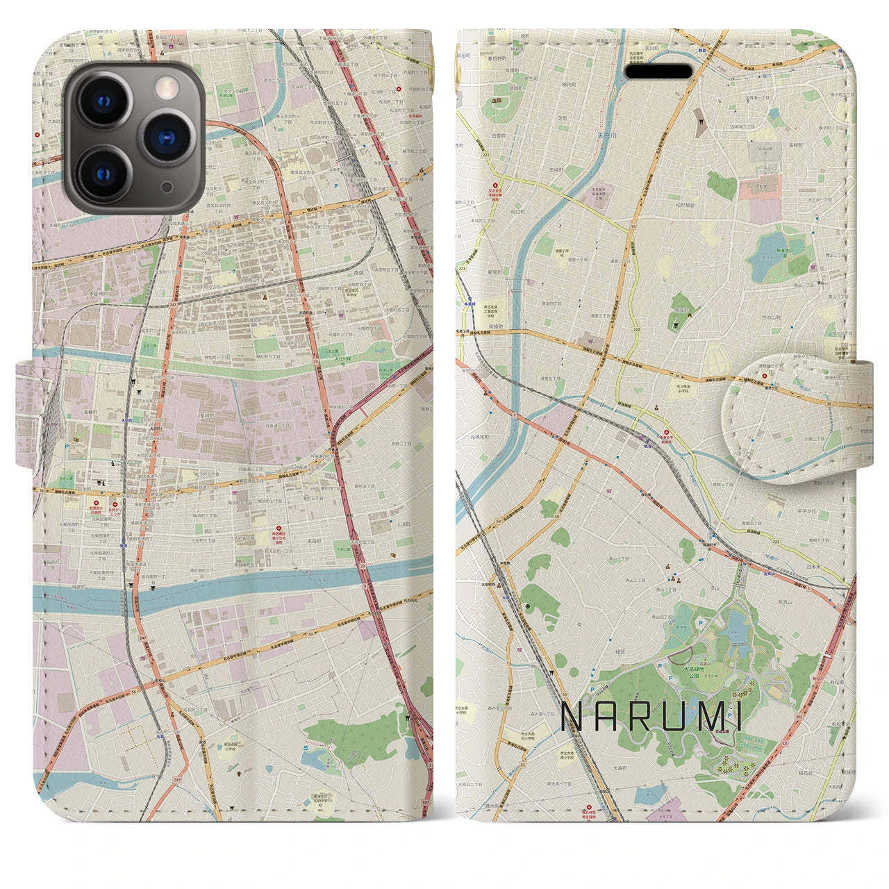 【鳴海】地図柄iPhoneケース（手帳両面タイプ・ナチュラル）iPhone 11 Pro Max 用