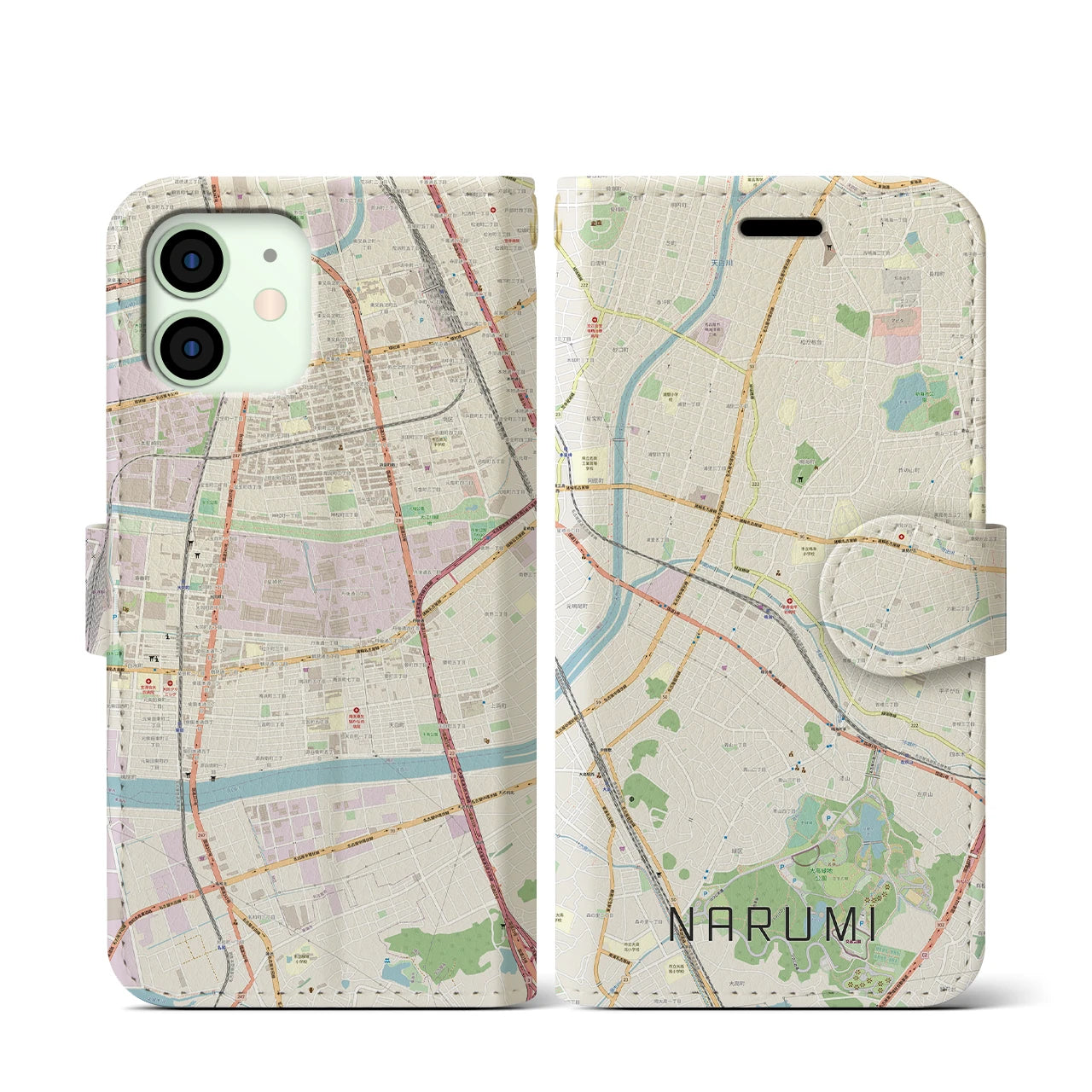 【鳴海】地図柄iPhoneケース（手帳両面タイプ・ナチュラル）iPhone 12 mini 用