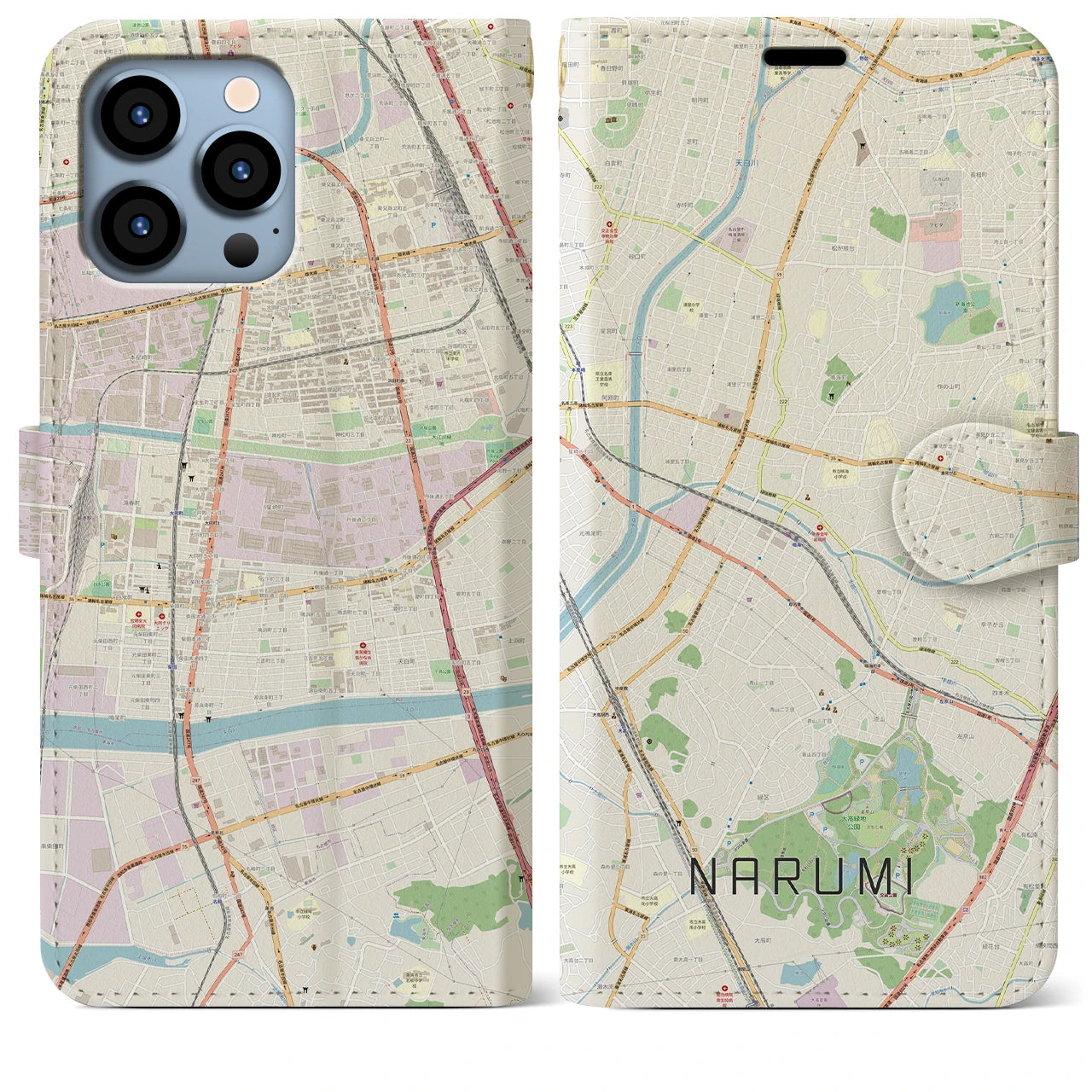 【鳴海】地図柄iPhoneケース（手帳両面タイプ・ナチュラル）iPhone 13 Pro Max 用