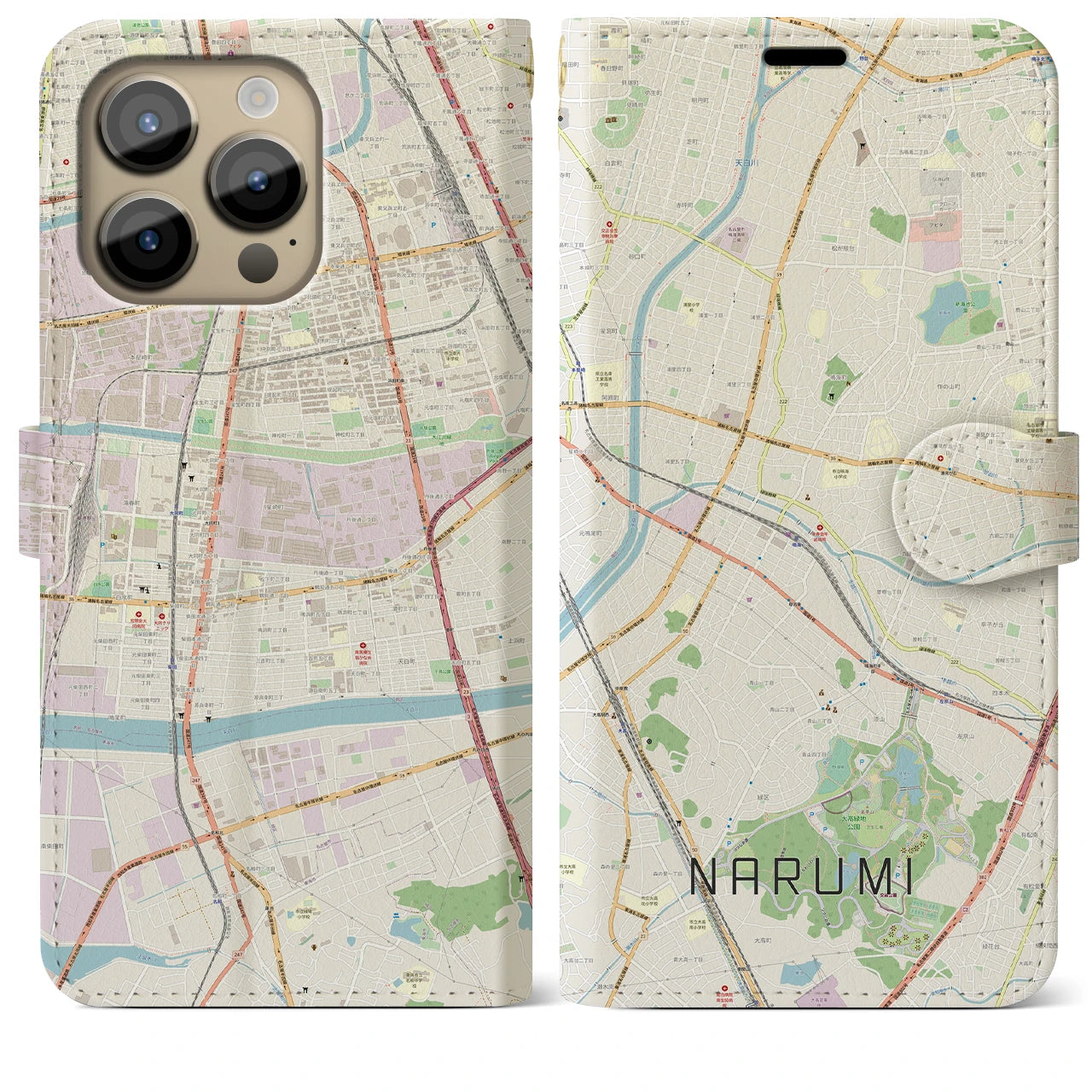 【鳴海】地図柄iPhoneケース（手帳両面タイプ・ナチュラル）iPhone 14 Pro Max 用