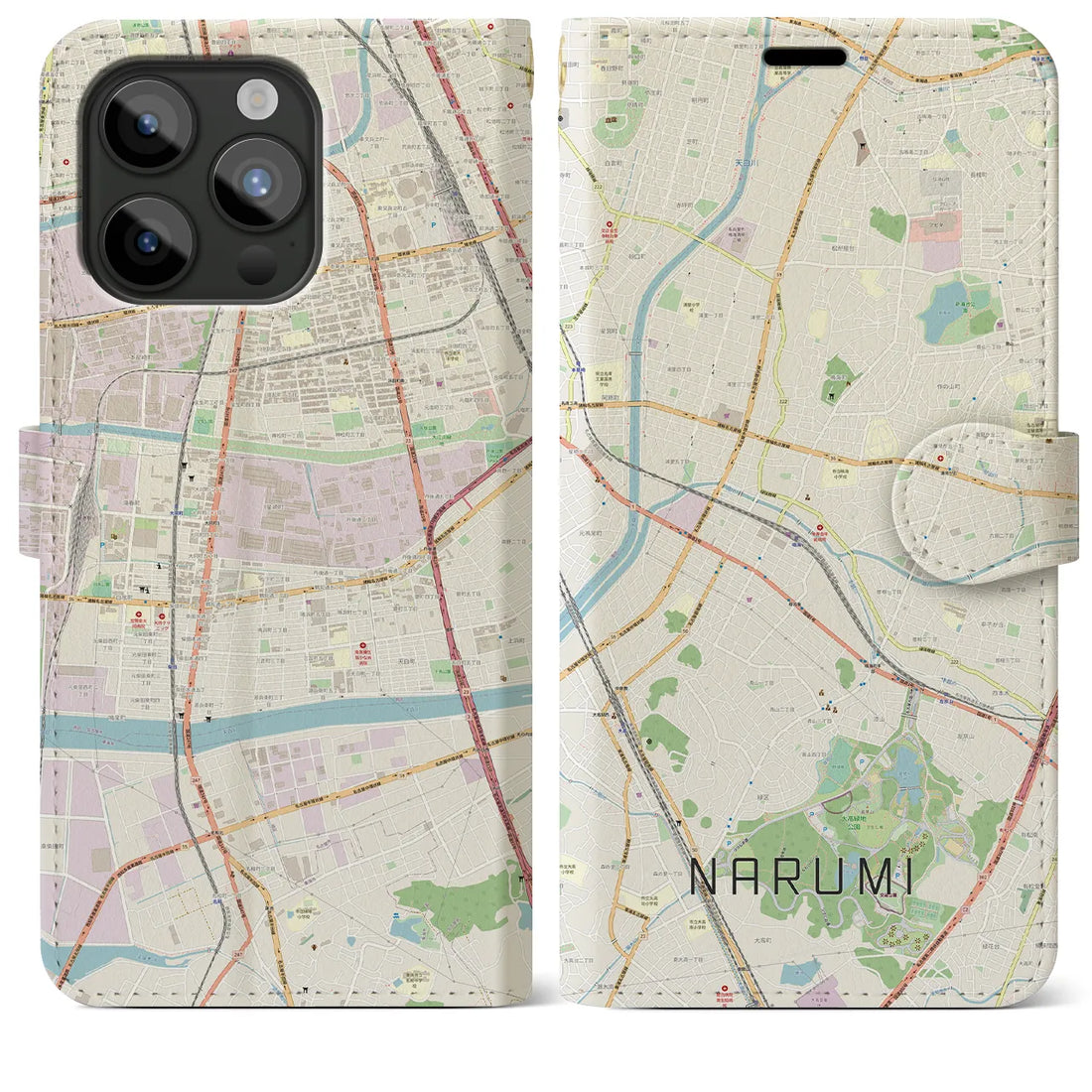 【鳴海】地図柄iPhoneケース（手帳両面タイプ・ナチュラル）iPhone 15 Pro Max 用