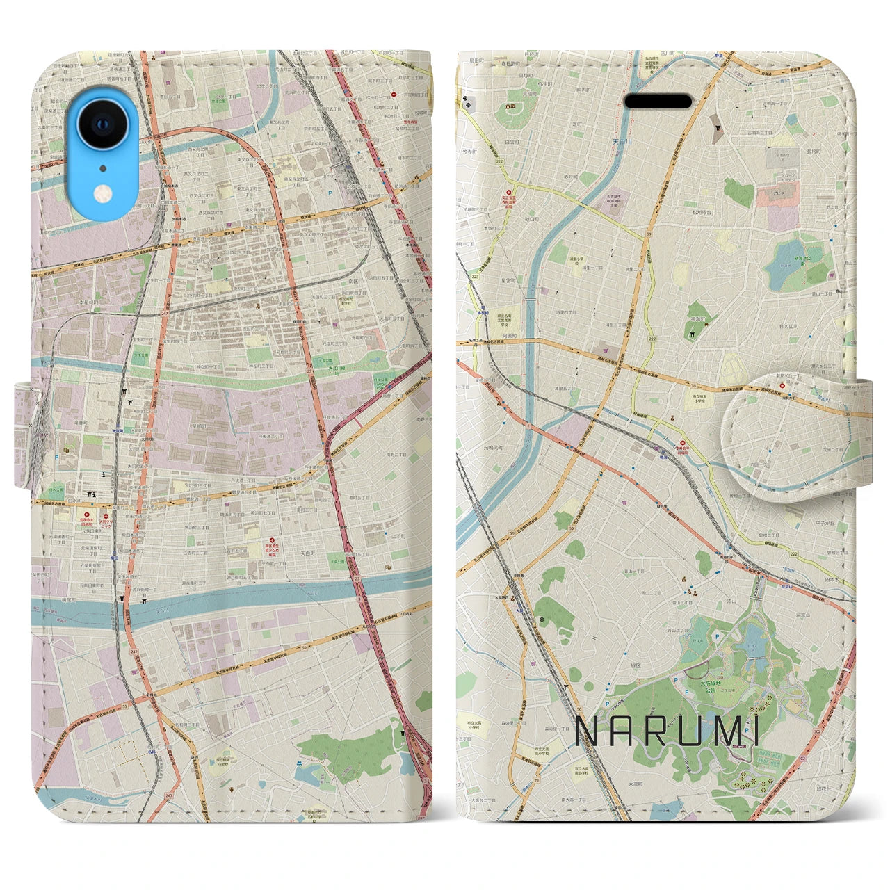 【鳴海】地図柄iPhoneケース（手帳両面タイプ・ナチュラル）iPhone XR 用