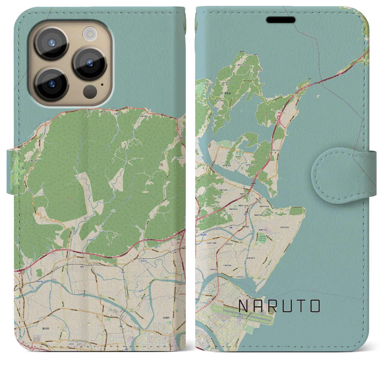 【鳴門】地図柄iPhoneケース（手帳両面タイプ・ナチュラル）iPhone 14 Pro Max 用