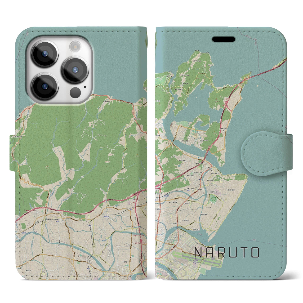 【鳴門】地図柄iPhoneケース（手帳両面タイプ・ナチュラル）iPhone 14 Pro 用