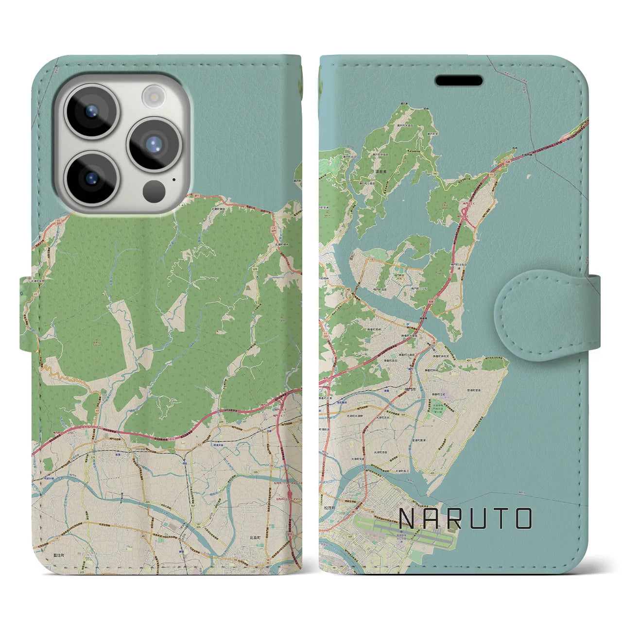 【鳴門】地図柄iPhoneケース（手帳両面タイプ・ナチュラル）iPhone 15 Pro 用