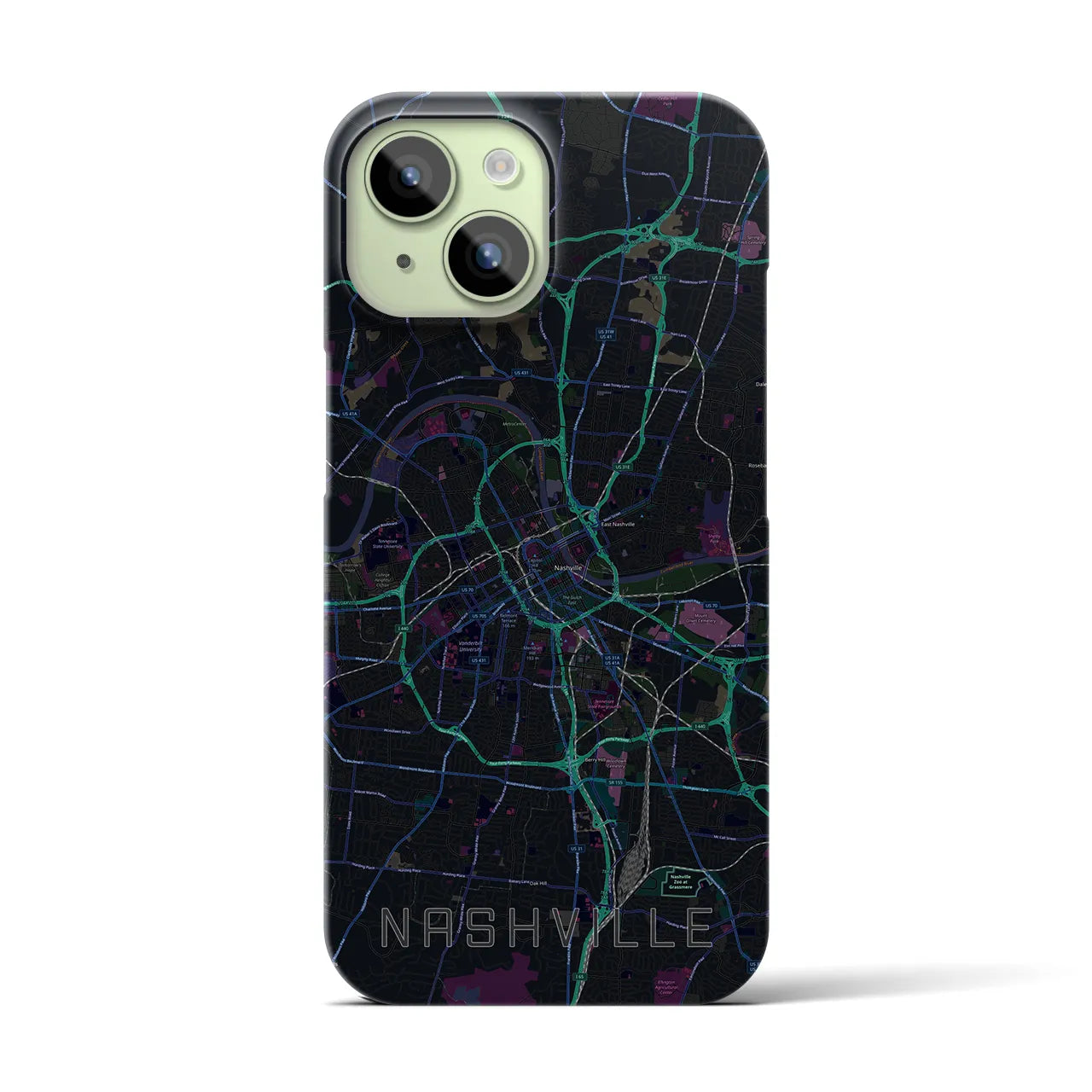 【ナッシュビル】地図柄iPhoneケース（バックカバータイプ・ブラック）iPhone 15 用