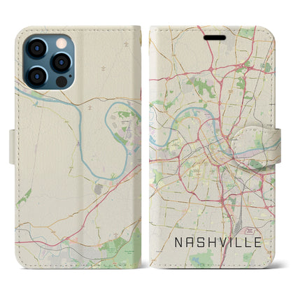 【ナッシュビル（アメリカ）】地図柄iPhoneケース（手帳タイプ）ナチュラル・iPhone 12 / 12 Pro 用