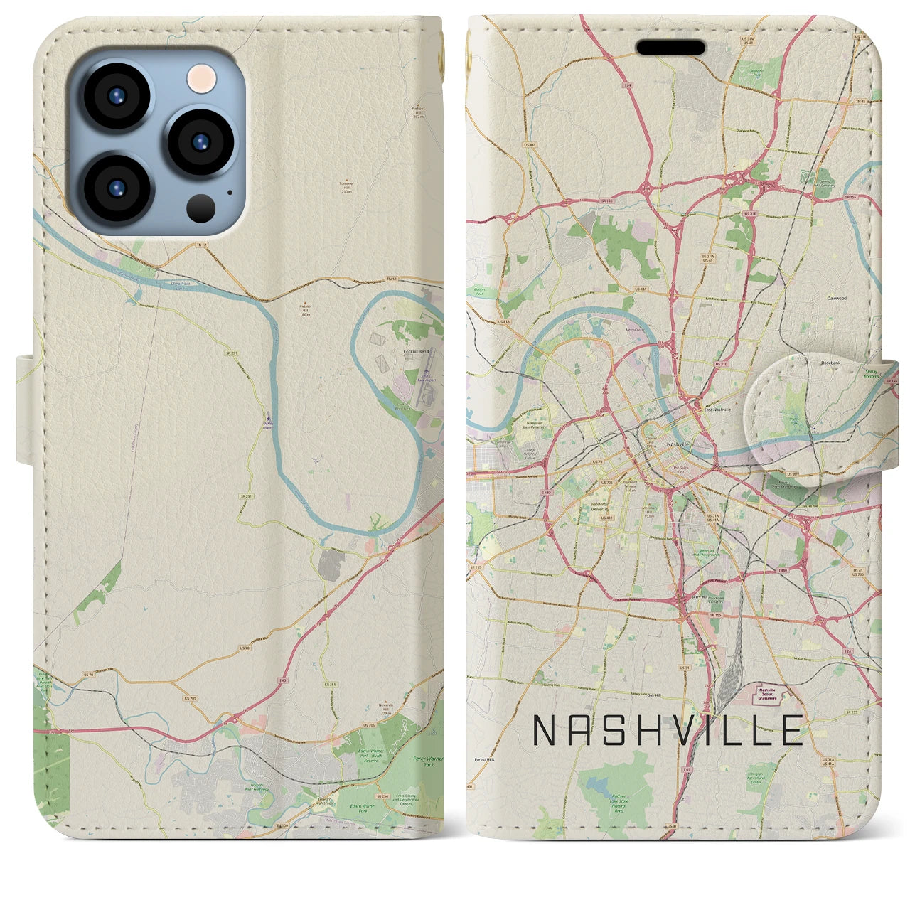 【ナッシュビル】地図柄iPhoneケース（手帳両面タイプ・ナチュラル）iPhone 13 Pro Max 用