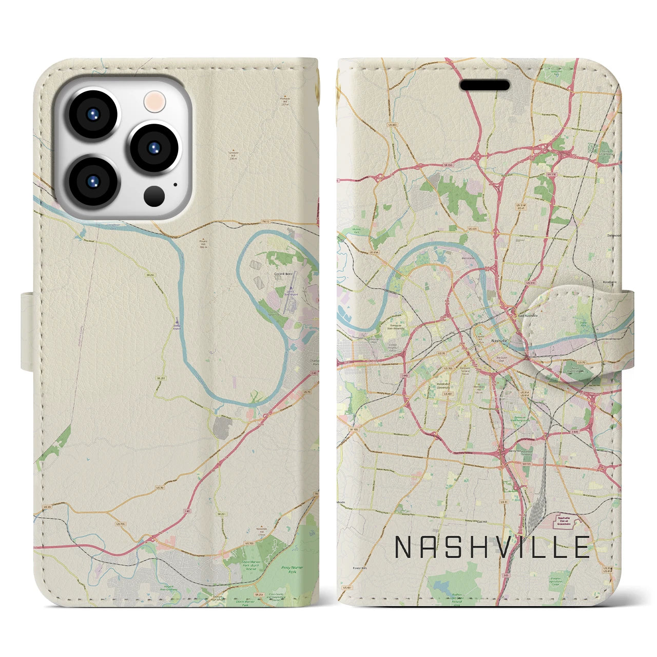 【ナッシュビル】地図柄iPhoneケース（手帳両面タイプ・ナチュラル）iPhone 13 Pro 用