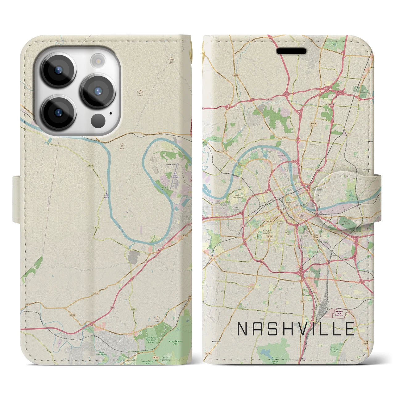 【ナッシュビル】地図柄iPhoneケース（手帳両面タイプ・ナチュラル）iPhone 14 Pro 用