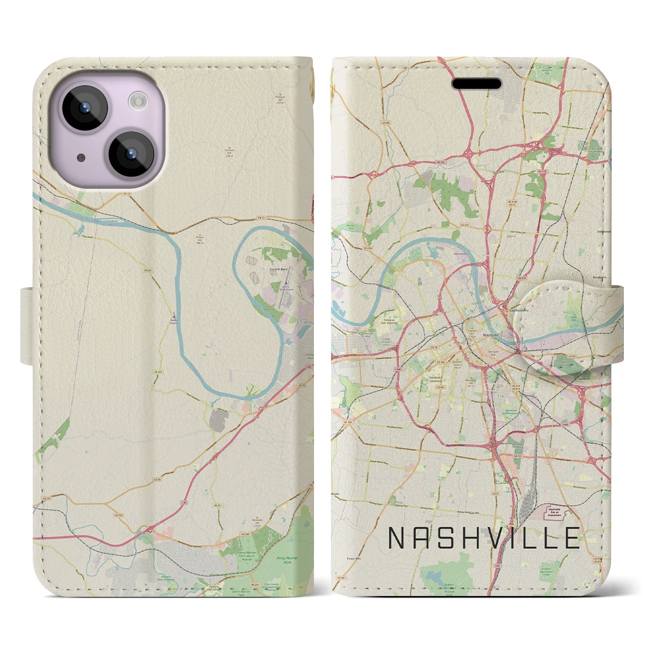 【ナッシュビル】地図柄iPhoneケース（手帳両面タイプ・ナチュラル）iPhone 14 用