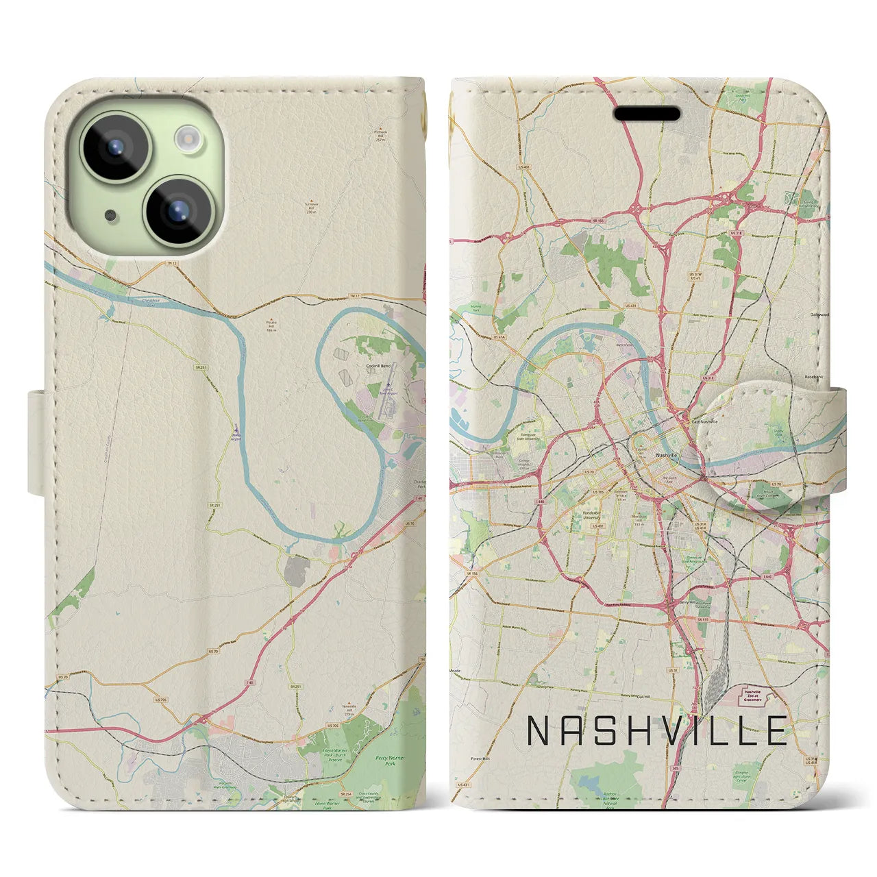 【ナッシュビル】地図柄iPhoneケース（手帳両面タイプ・ナチュラル）iPhone 15 用