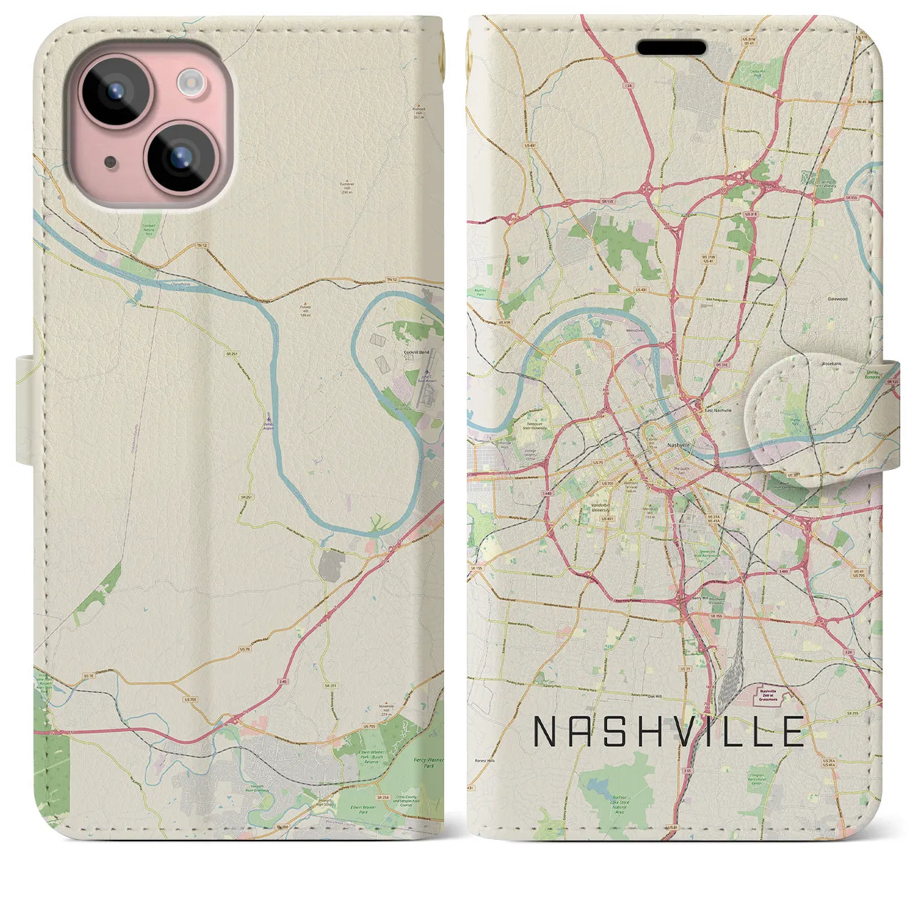 【ナッシュビル】地図柄iPhoneケース（手帳両面タイプ・ナチュラル）iPhone 15 Plus 用