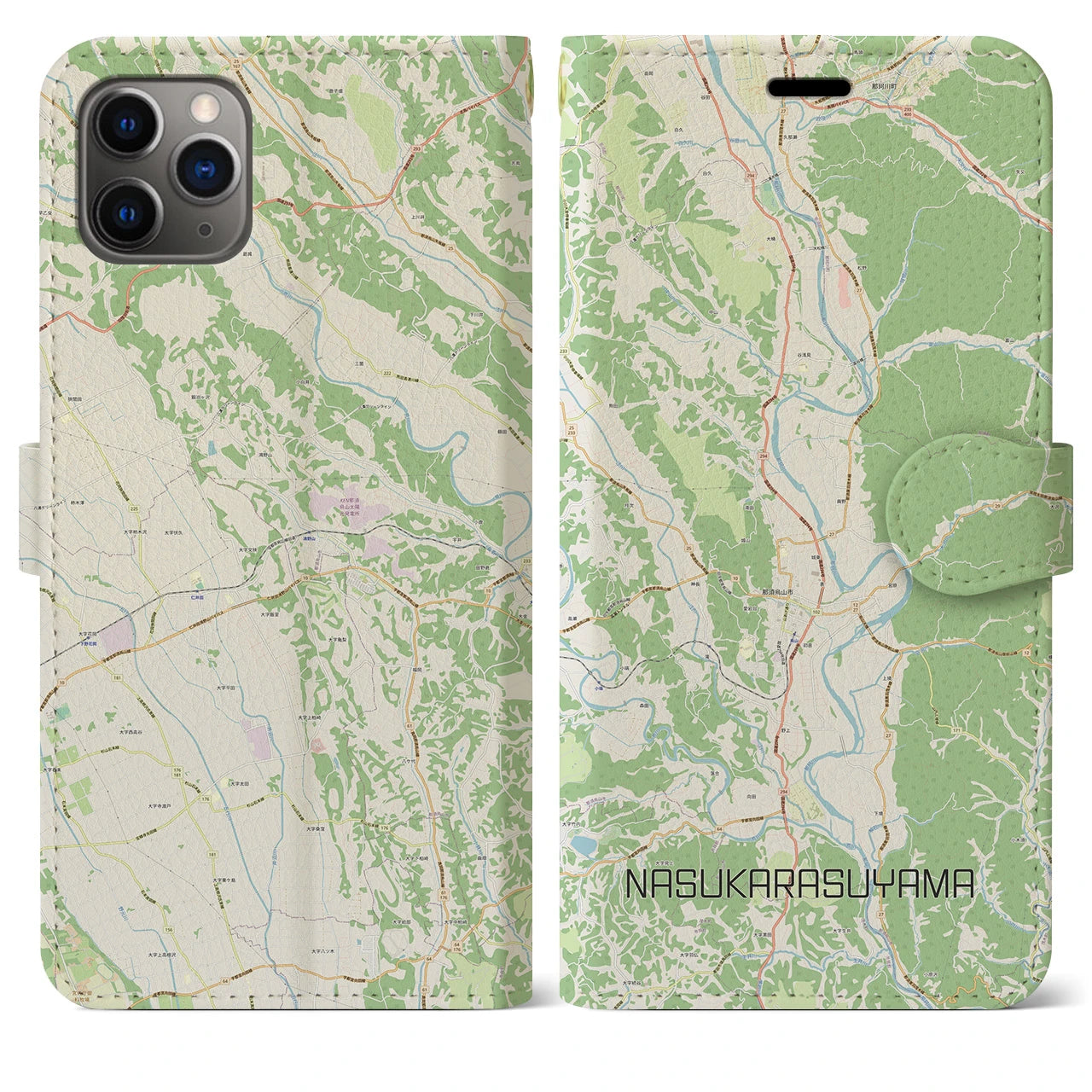 【那須烏山】地図柄iPhoneケース（手帳両面タイプ・ナチュラル）iPhone 11 Pro Max 用