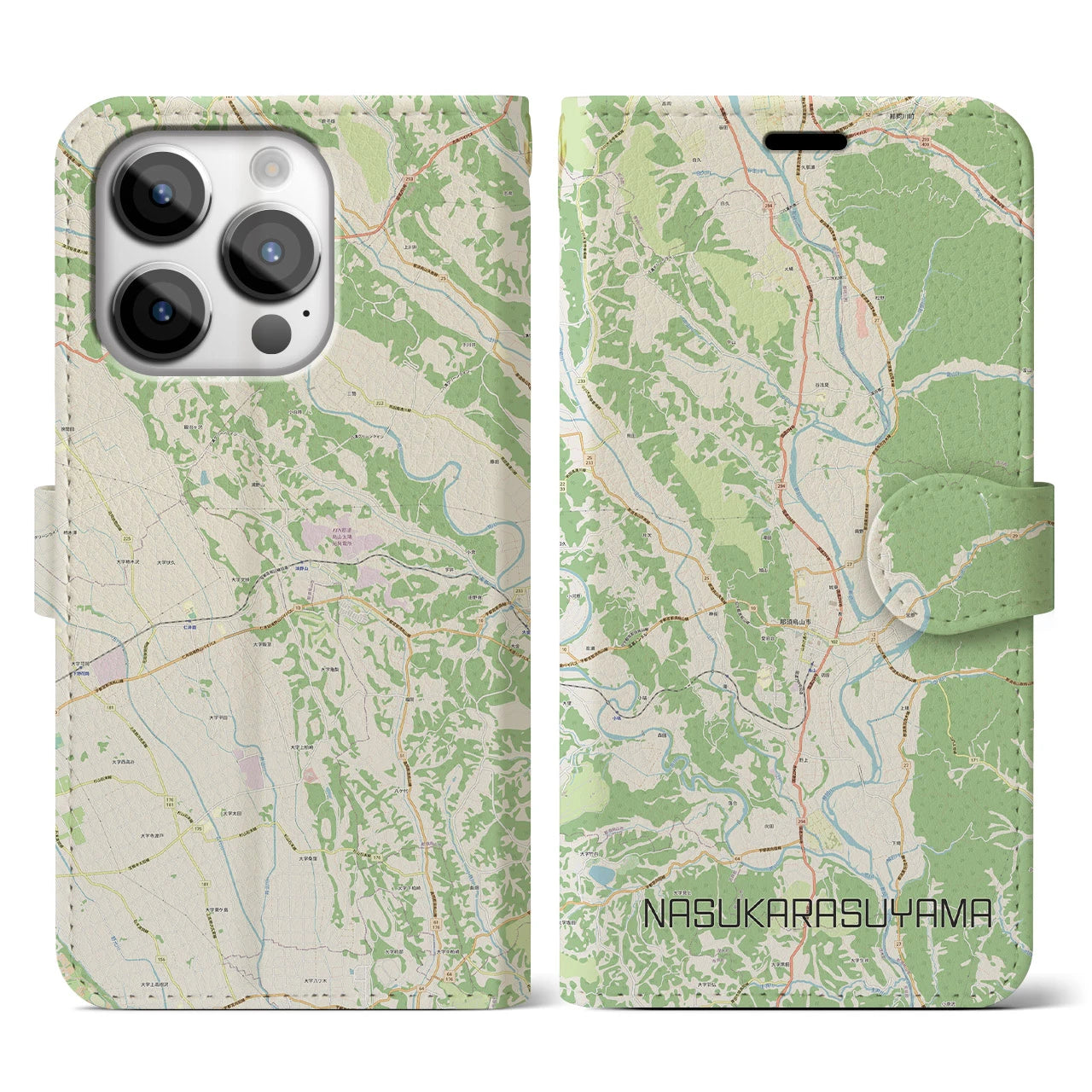 【那須烏山】地図柄iPhoneケース（手帳両面タイプ・ナチュラル）iPhone 14 Pro 用