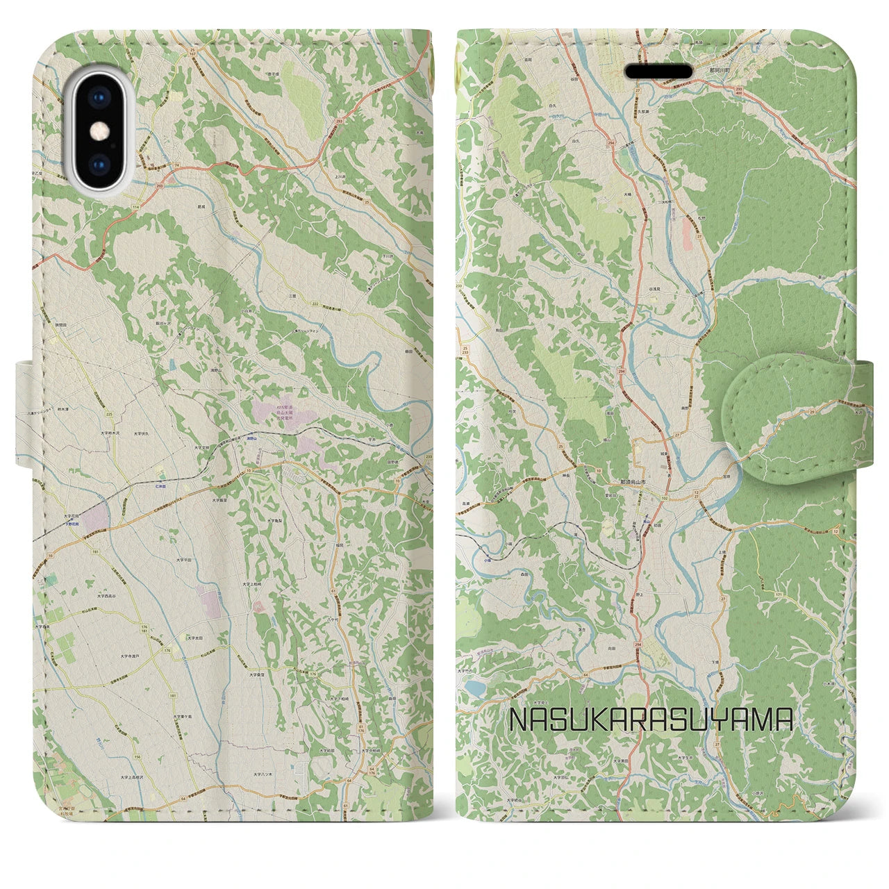 【那須烏山】地図柄iPhoneケース（手帳両面タイプ・ナチュラル）iPhone XS Max 用