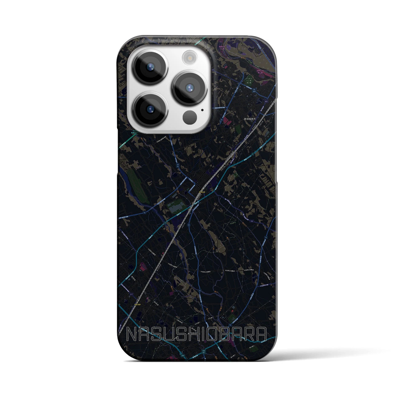 【那須塩原】地図柄iPhoneケース（バックカバータイプ・ブラック）iPhone 14 Pro 用