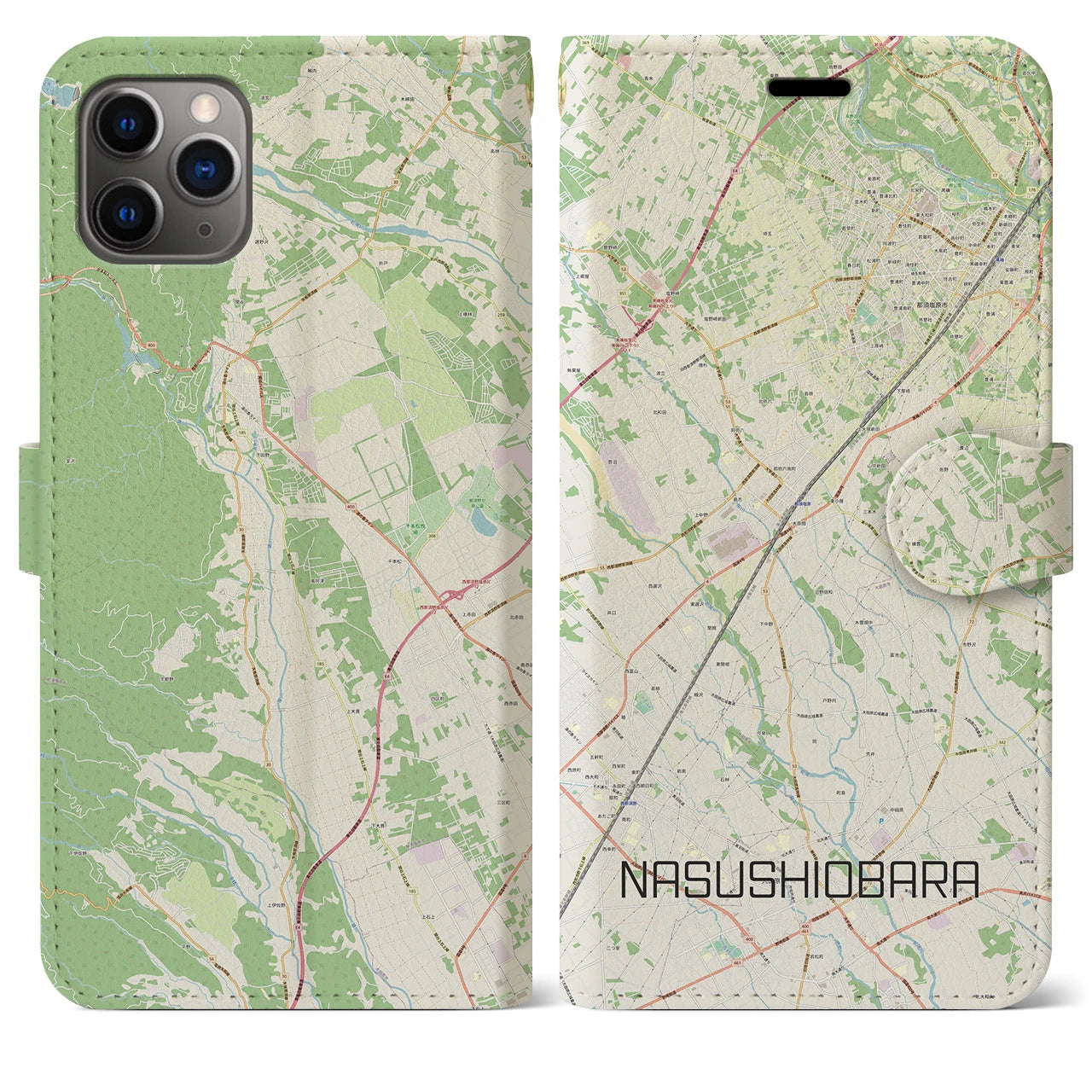 【那須塩原】地図柄iPhoneケース（手帳両面タイプ・ナチュラル）iPhone 11 Pro Max 用
