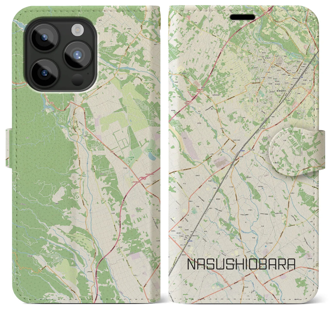 【那須塩原】地図柄iPhoneケース（手帳両面タイプ・ナチュラル）iPhone 15 Pro Max 用