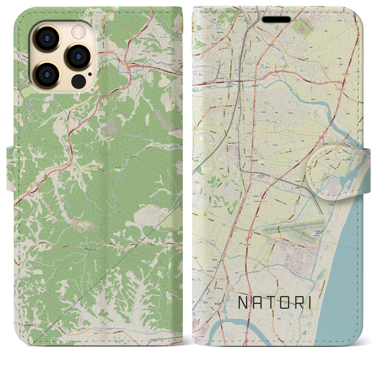【名取】地図柄iPhoneケース（手帳両面タイプ・ナチュラル）iPhone 12 Pro Max 用
