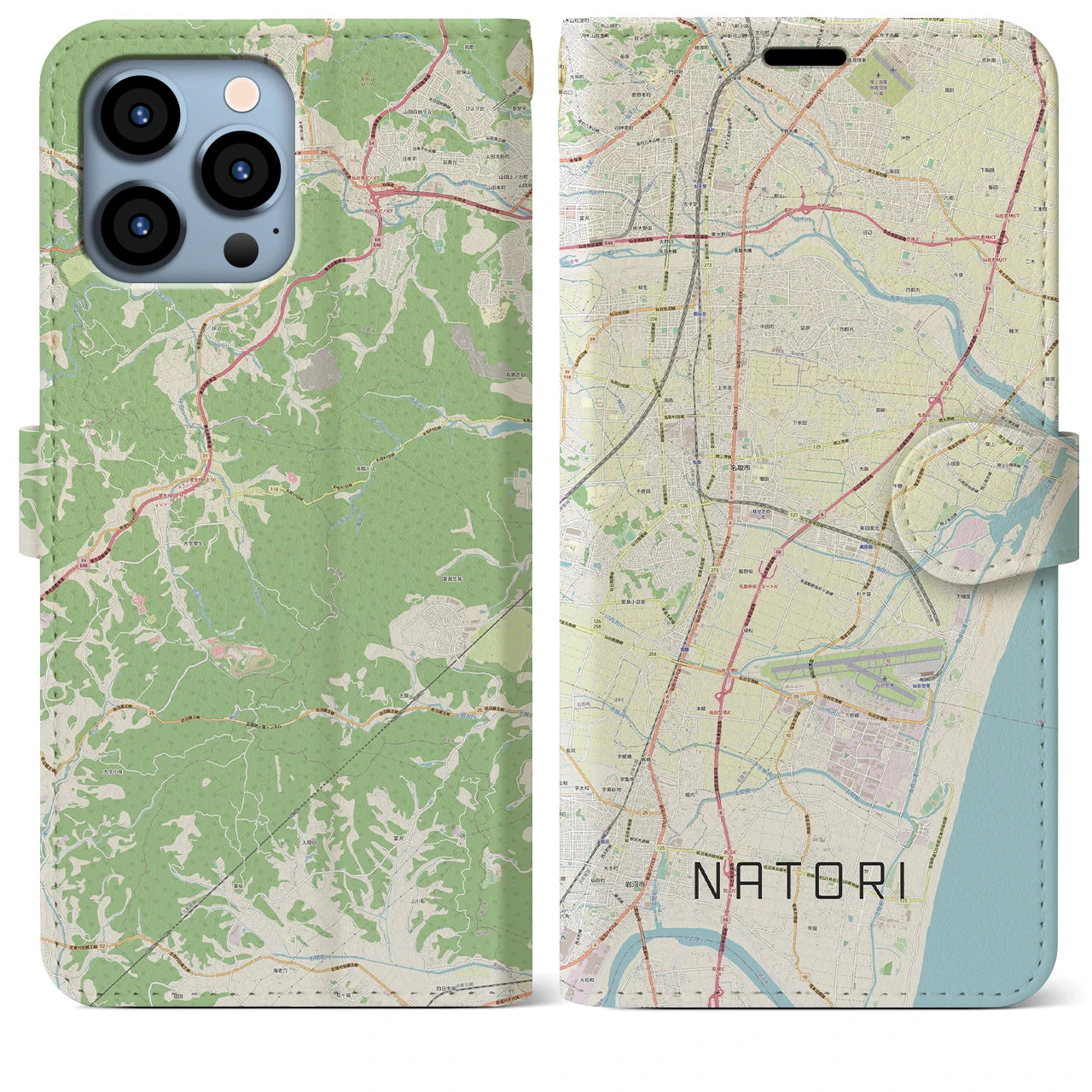 【名取】地図柄iPhoneケース（手帳両面タイプ・ナチュラル）iPhone 13 Pro Max 用