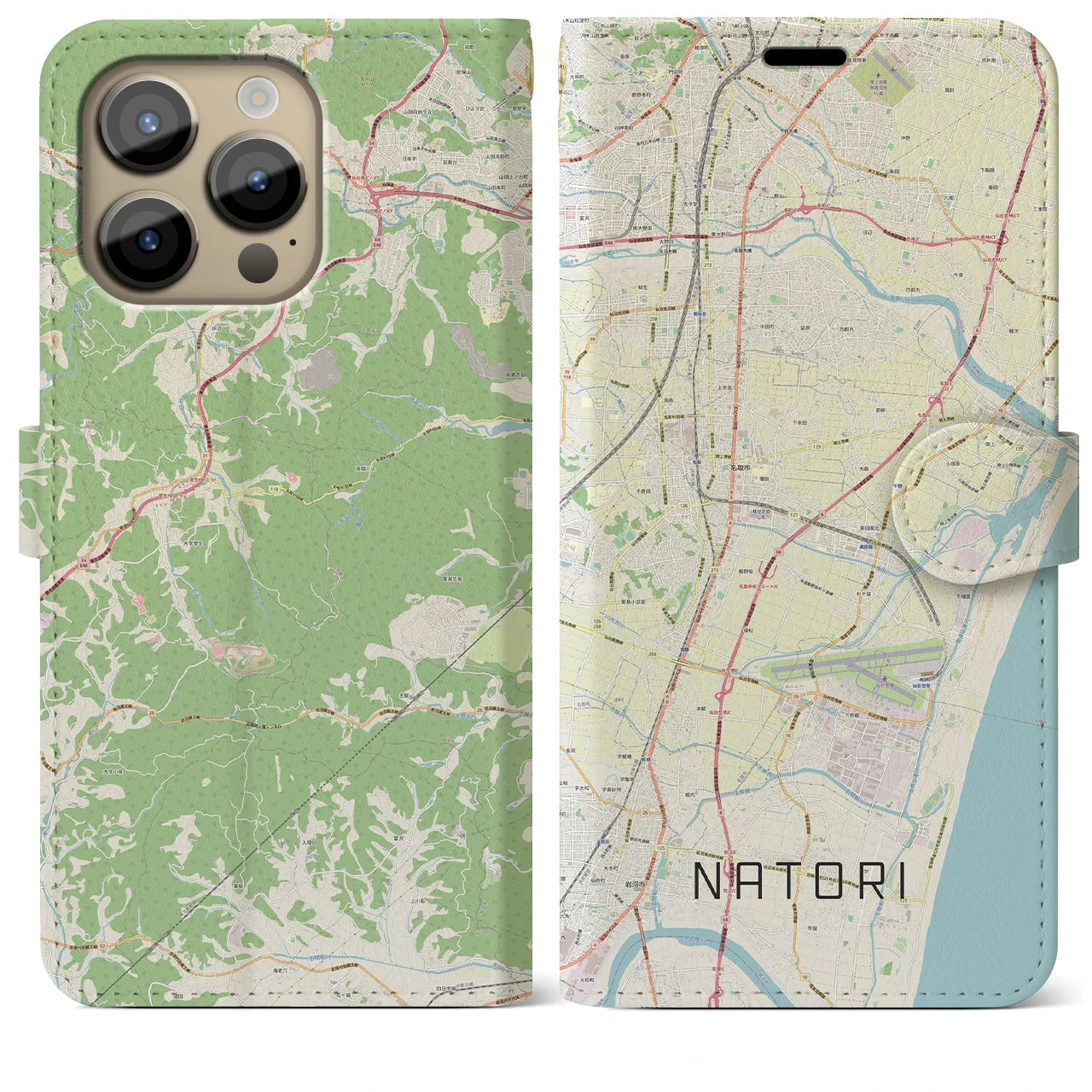 【名取】地図柄iPhoneケース（手帳両面タイプ・ナチュラル）iPhone 14 Pro Max 用