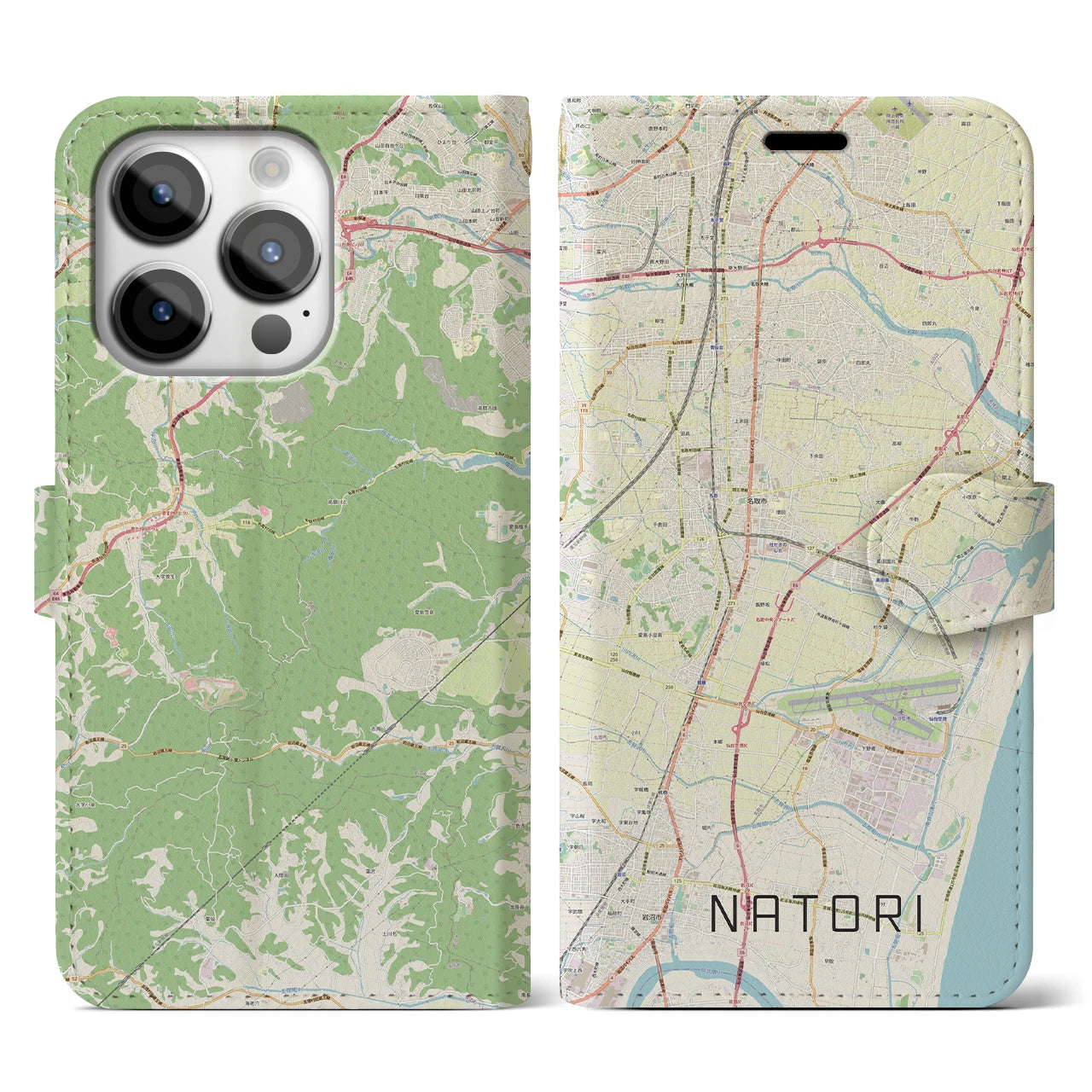 【名取】地図柄iPhoneケース（手帳両面タイプ・ナチュラル）iPhone 14 Pro 用