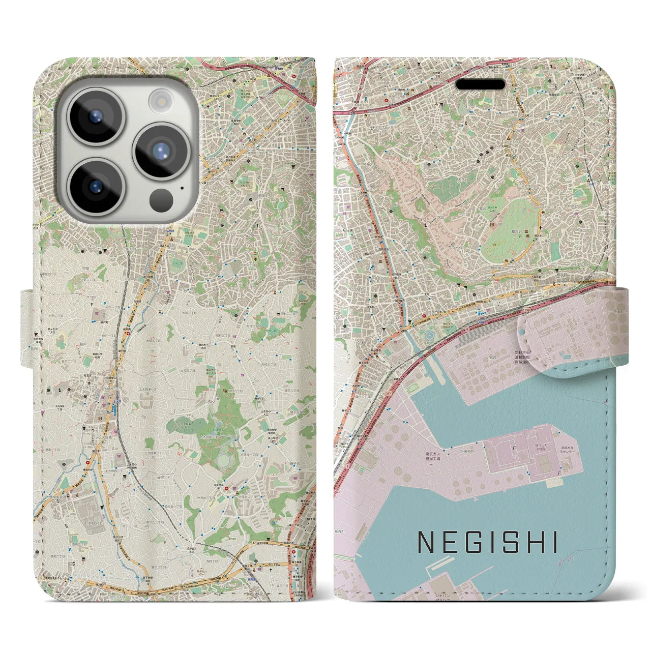 【根岸】地図柄iPhoneケース（手帳両面タイプ・ナチュラル）iPhone 15 Pro 用