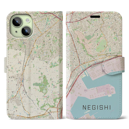 【根岸（神奈川県）】地図柄iPhoneケース（手帳タイプ）ナチュラル・iPhone 15 用