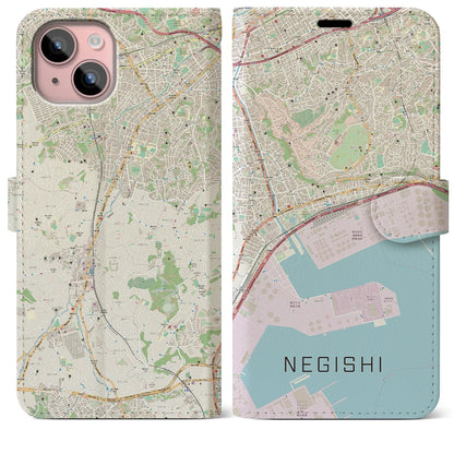 【根岸（神奈川県）】地図柄iPhoneケース（手帳タイプ）ナチュラル・iPhone 15 Plus 用