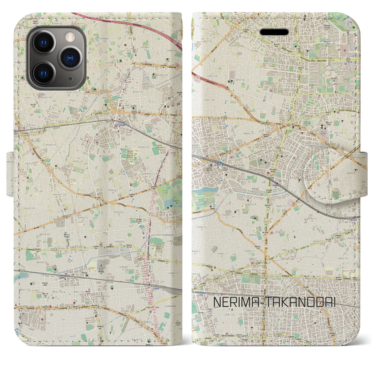 【練馬高野台】地図柄iPhoneケース（手帳両面タイプ・ナチュラル）iPhone 11 Pro Max 用