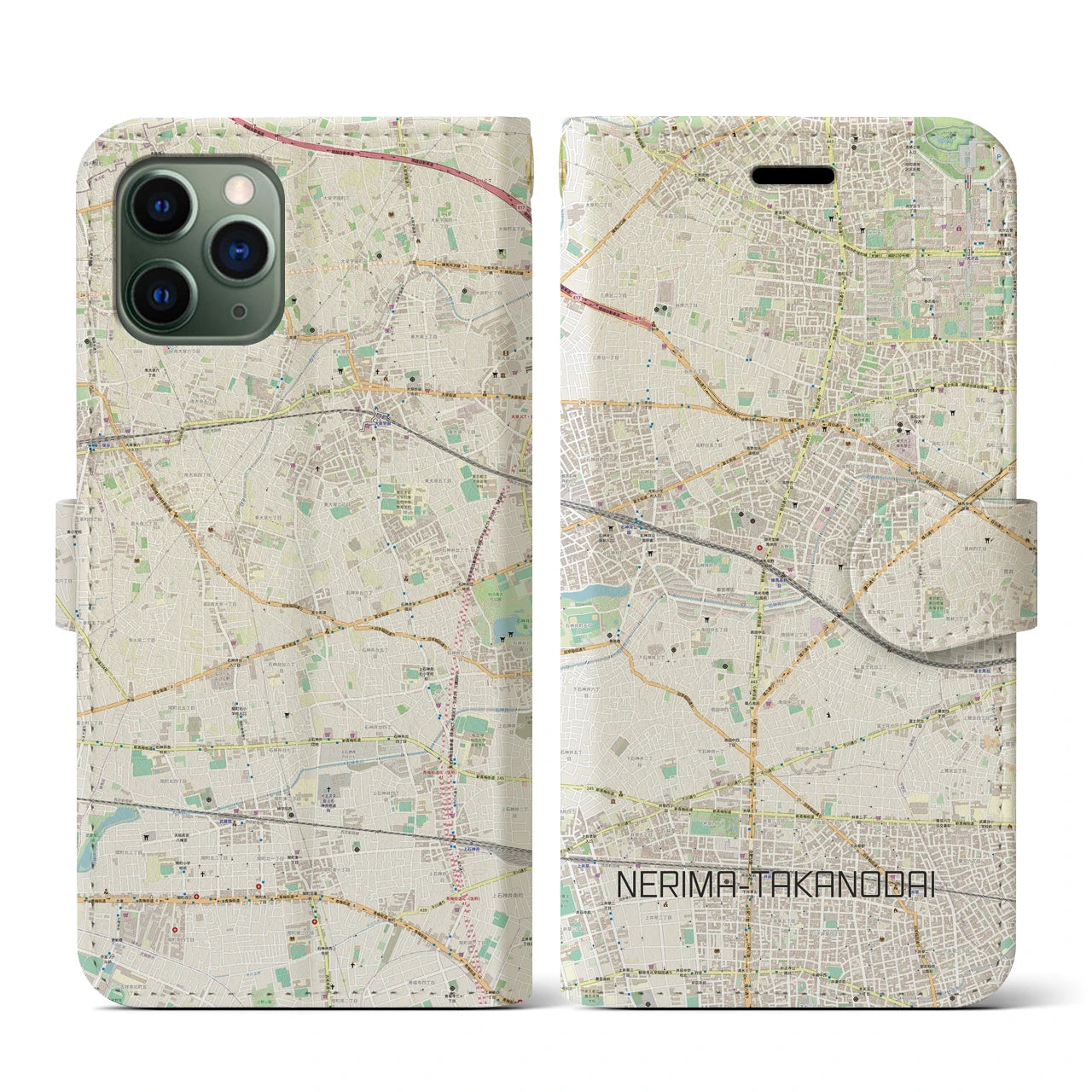 【練馬高野台（東京都）】地図柄iPhoneケース（手帳タイプ）ナチュラル・iPhone 11 Pro 用
